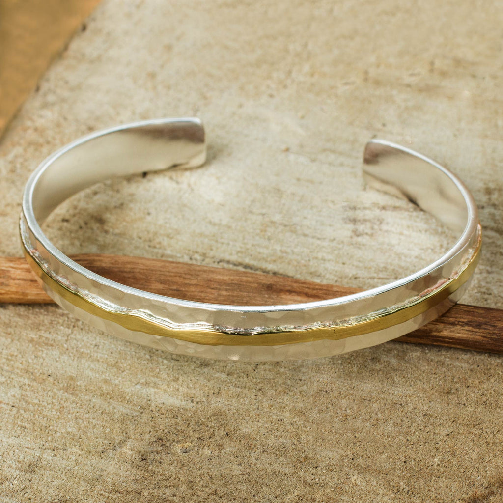 Gold Accent Sterling Silver Hammered Cuff Bracelet - Ripple Effect I