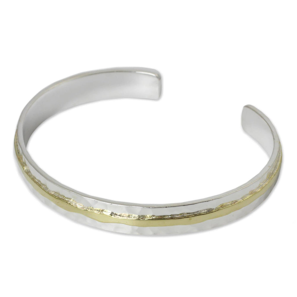 Gold Accent Sterling Silver Hammered Cuff Bracelet - Ripple Effect I