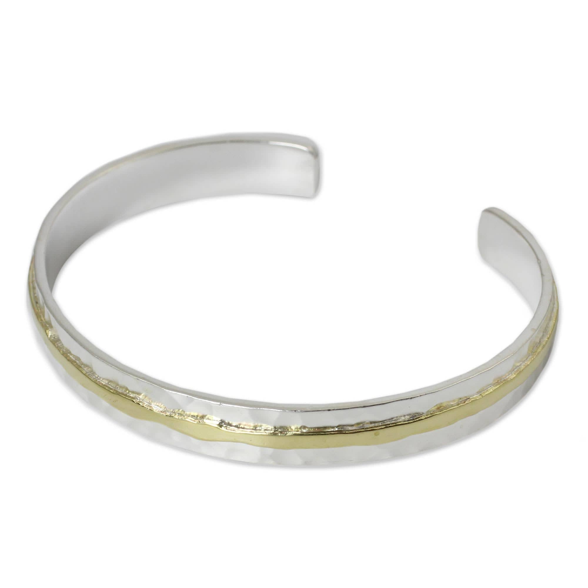 Gold Accent Sterling Silver Hammered Cuff Bracelet - Ripple Effect I
