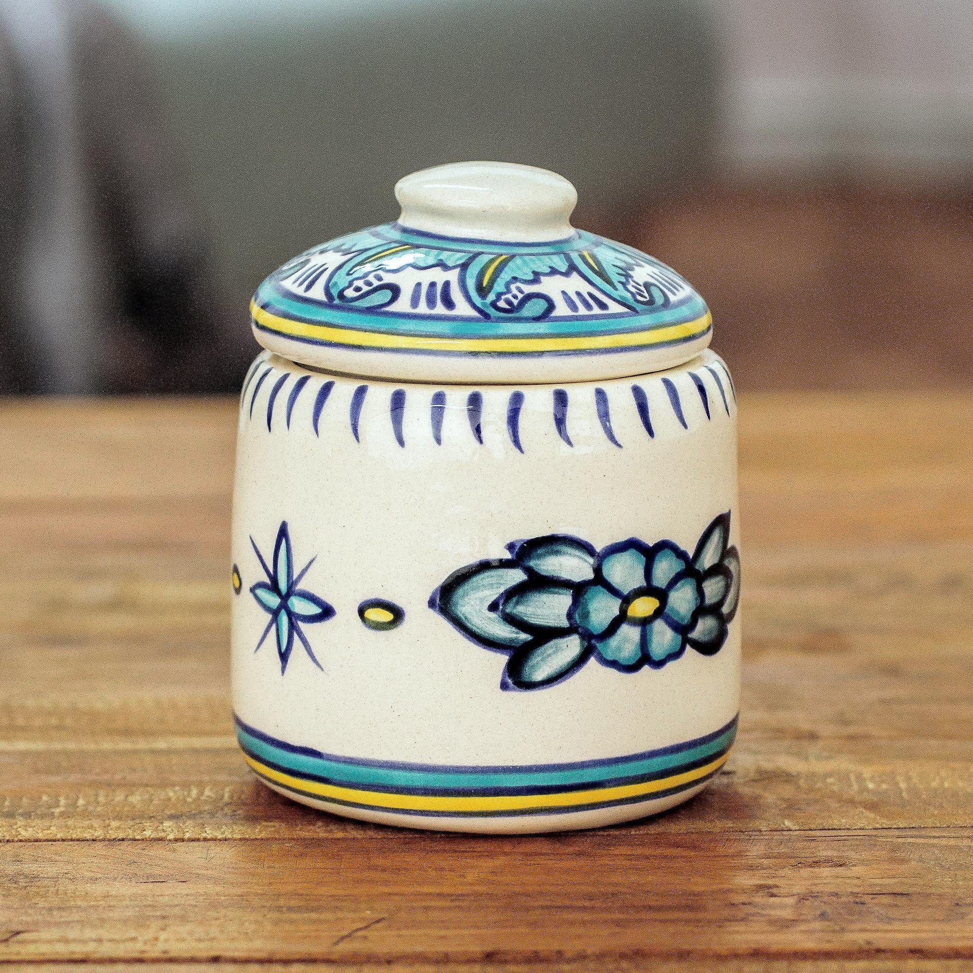 Artisan Crafted Jar and Lid in Turquoise Ceramic - Bermuda