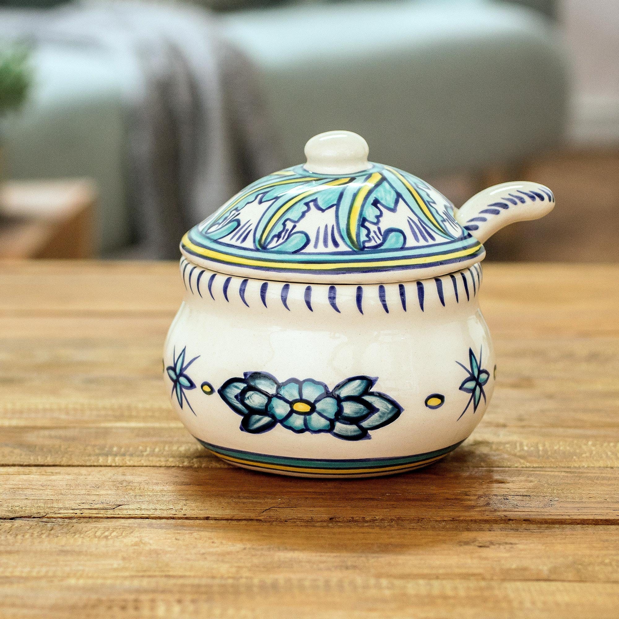 Ceramic Sugar Bowl and Spoon Matching Spoon - Bermuda