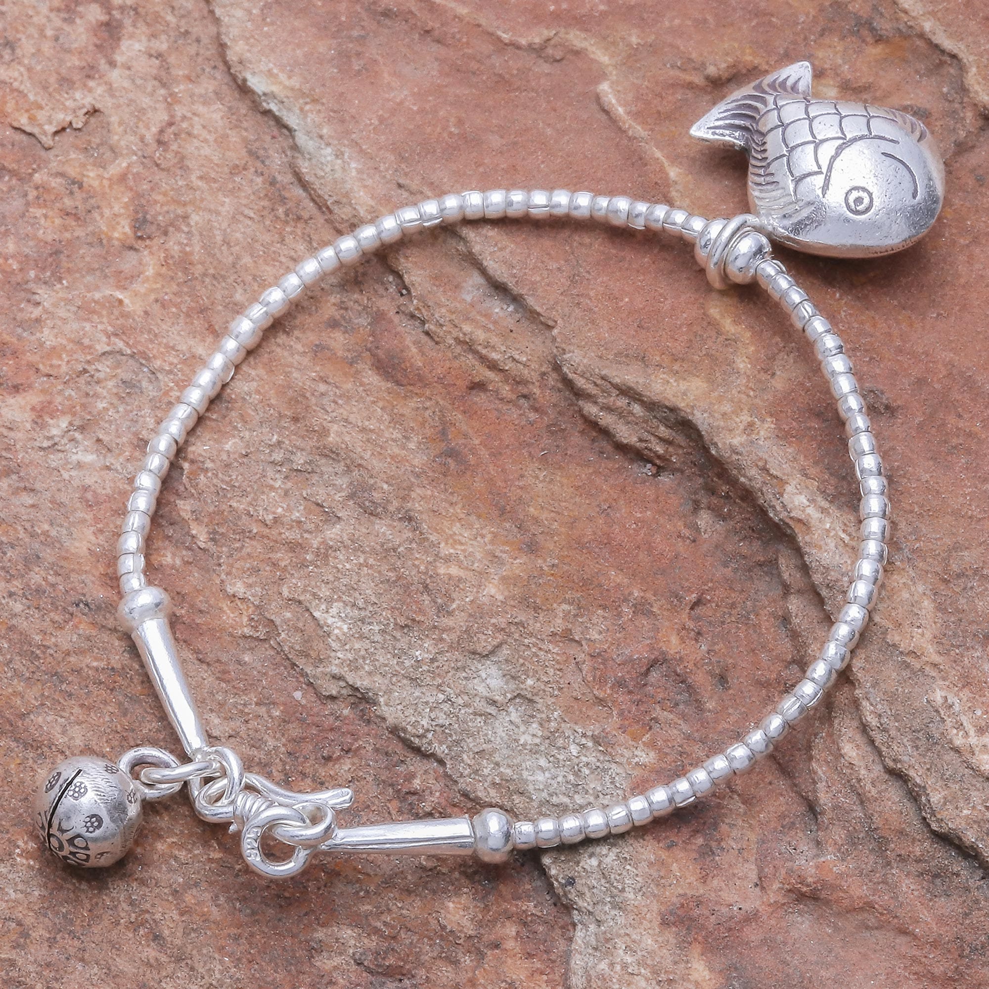 Karen Hill Tribe Silver Goldfish Bracelet with Ringing Bells - Singing Hill Tribe Goldfish