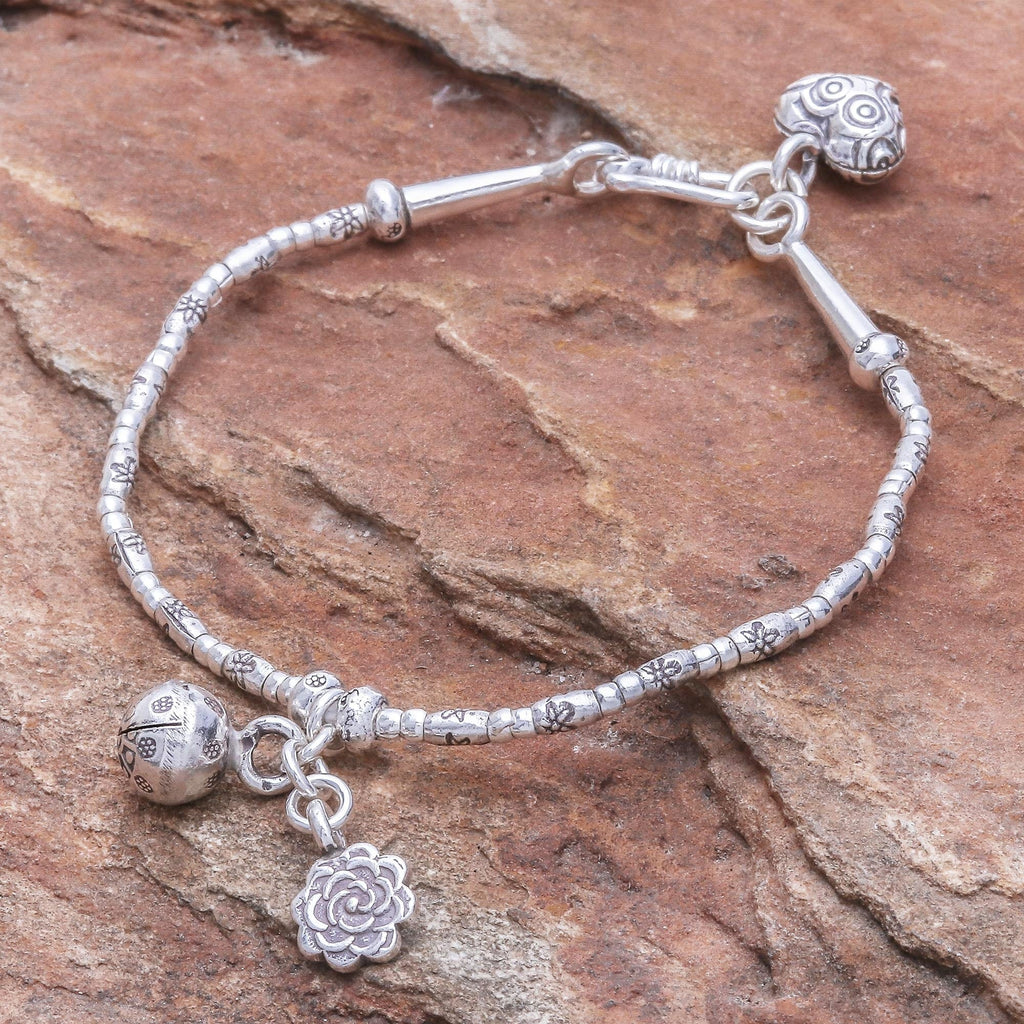 Floral Karen Silver Beaded Bracelet with Bell Charm - Floral Sound