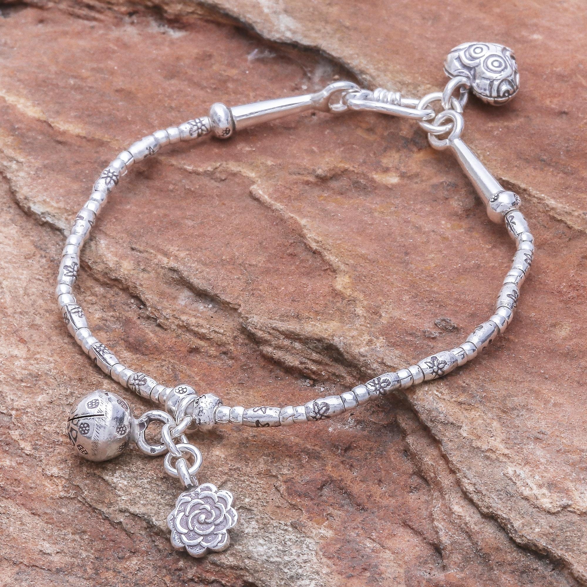 Floral Karen Silver Beaded Bracelet with Bell Charm - Floral Sound