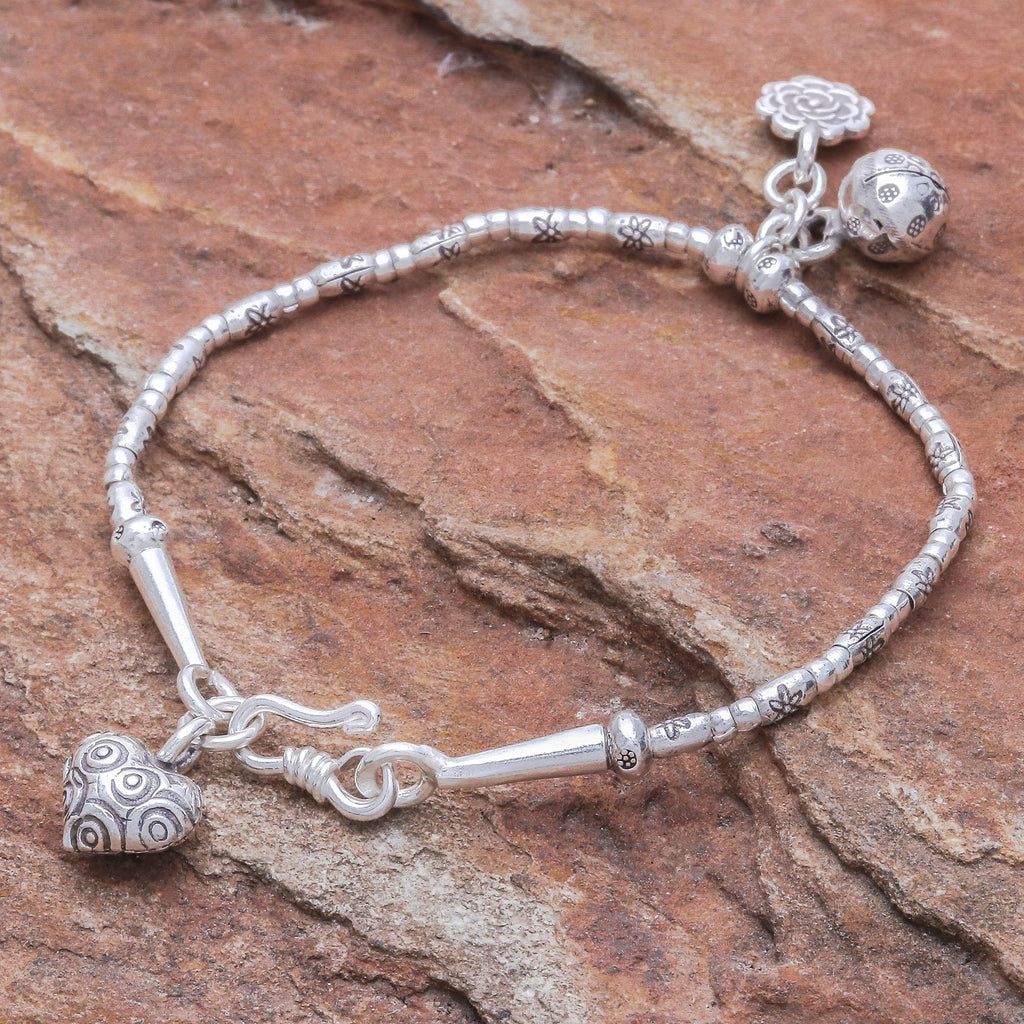 Floral Karen Silver Beaded Bracelet with Bell Charm - Floral Sound