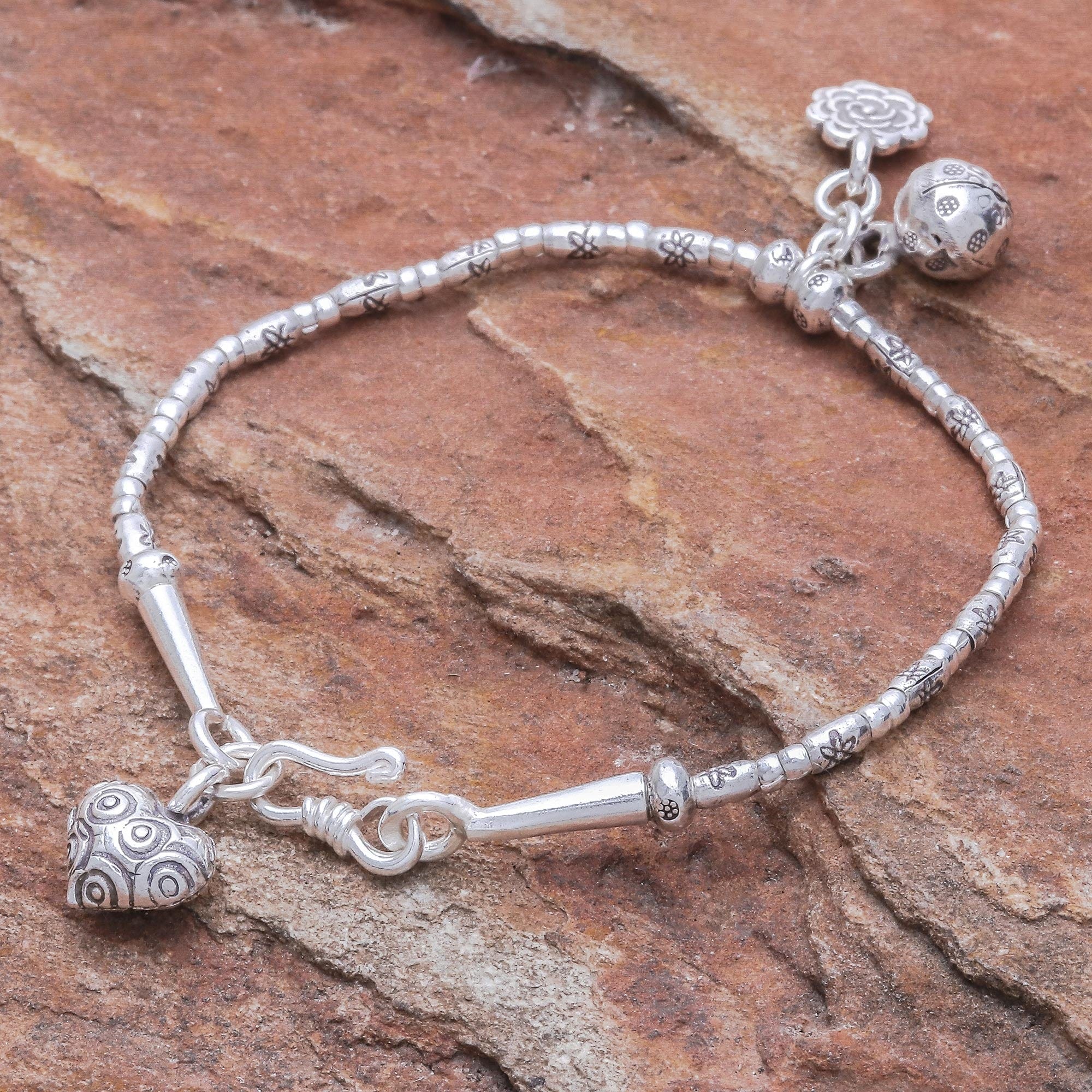 Floral Karen Silver Beaded Bracelet with Bell Charm - Floral Sound