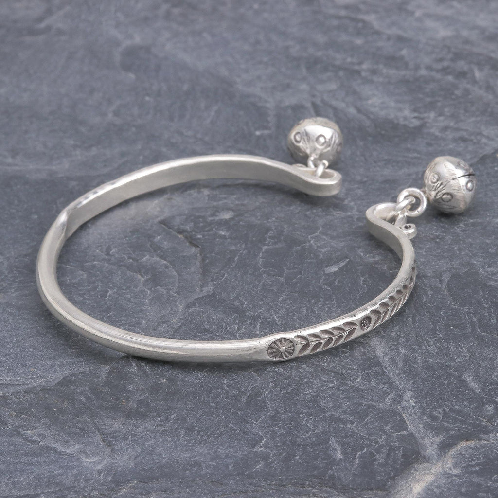 Sterling Silver Cuff Bracelet with Karen Hill Tribe Bells - Forest Song