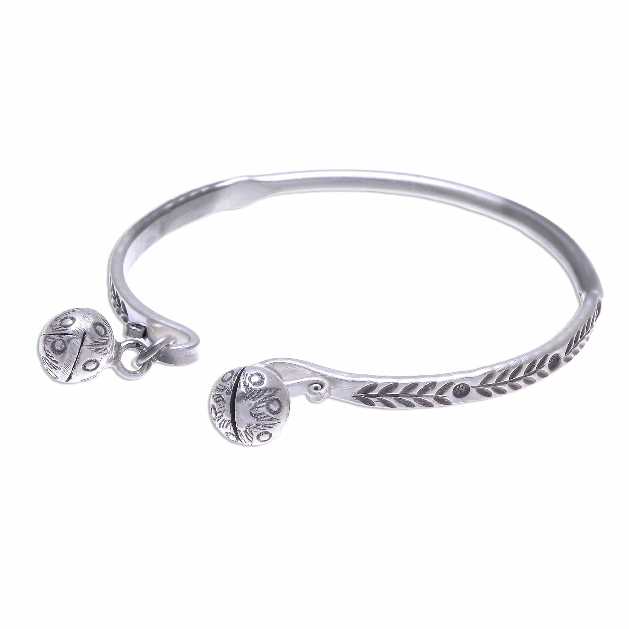 Sterling Silver Cuff Bracelet with Karen Hill Tribe Bells - Forest Song