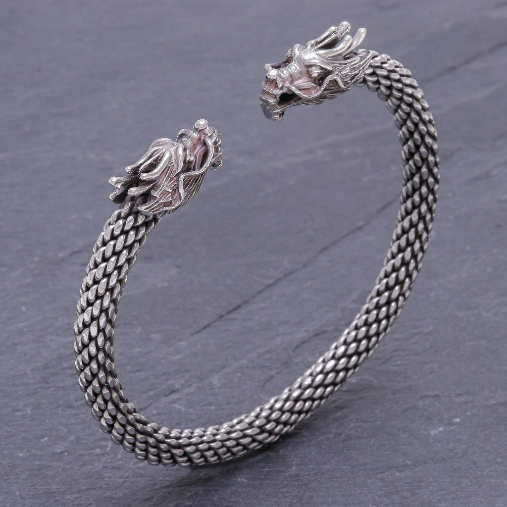 Dragon Themed Unisex Sterling Silver Cuff Bracelet - Double Dragons