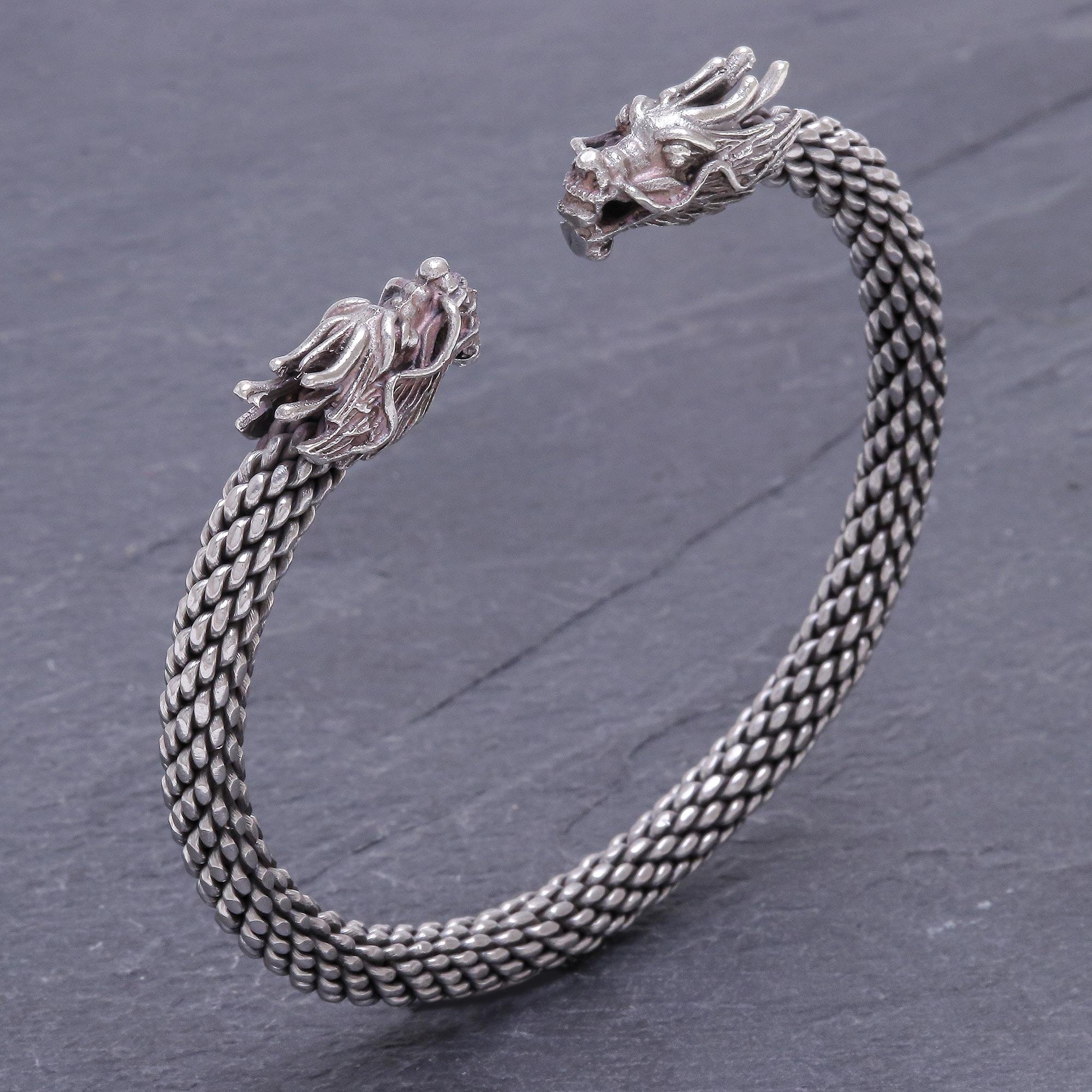 Dragon Themed Unisex Sterling Silver Cuff Bracelet - Double Dragons