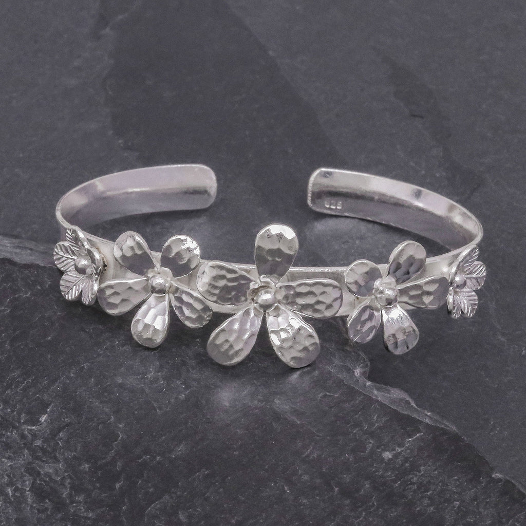 Hammered Sterling Silver Flower Cuff Bracelet - Blossom Row