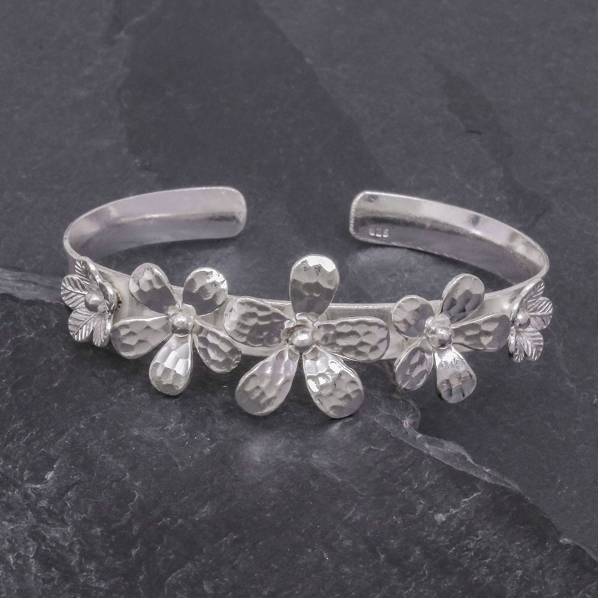 Hammered Sterling Silver Flower Cuff Bracelet - Blossom Row