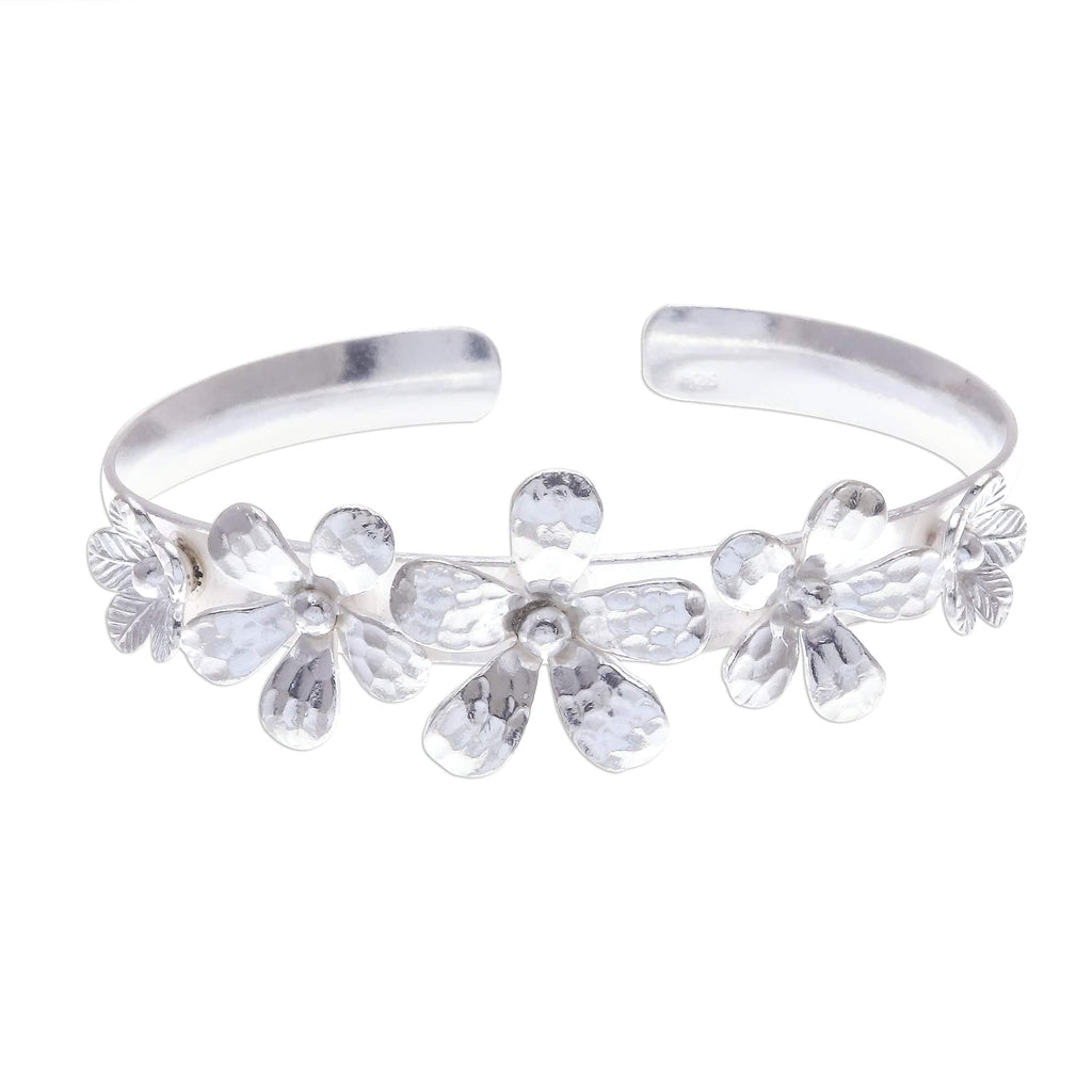 Hammered Sterling Silver Flower Cuff Bracelet - Blossom Row