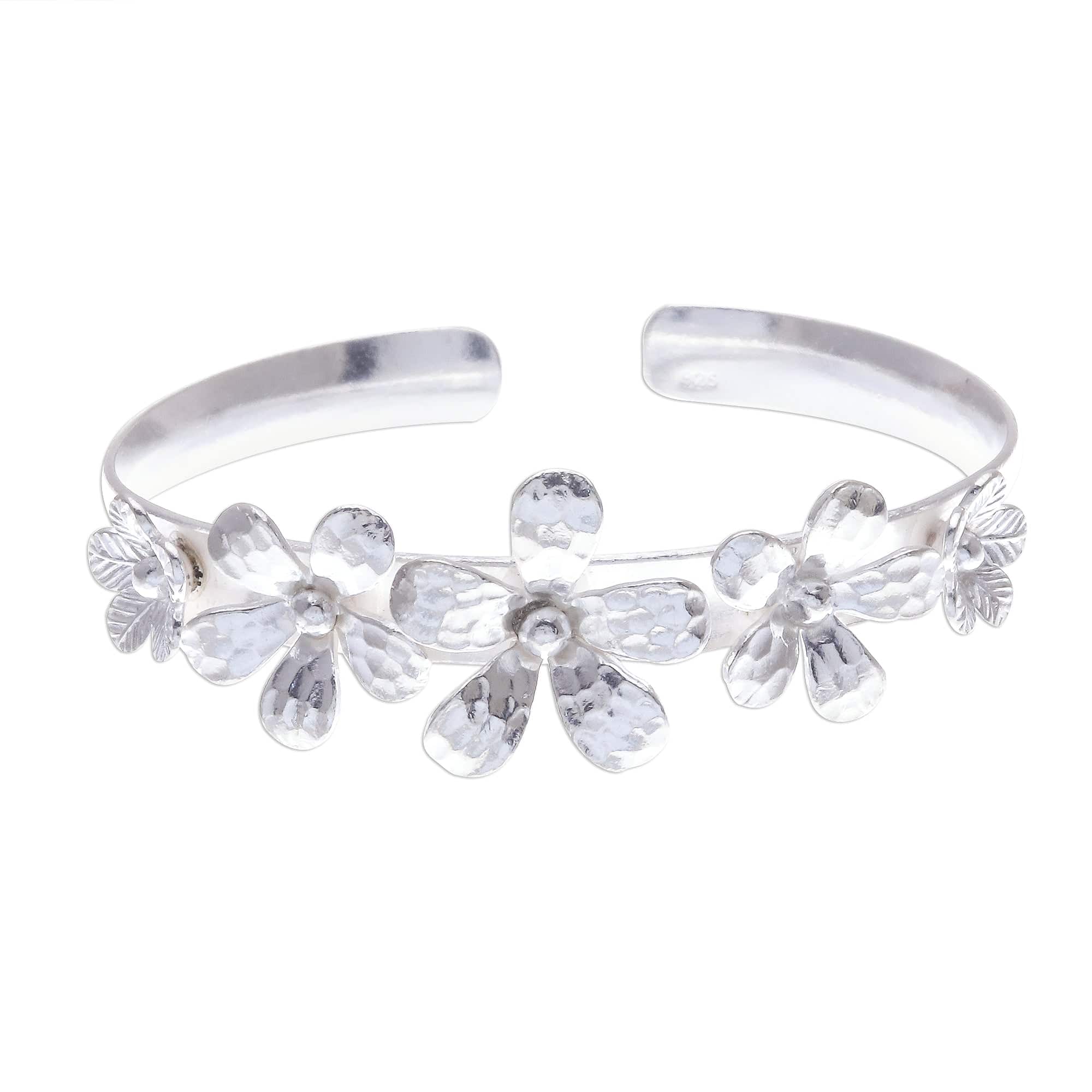 Hammered Sterling Silver Flower Cuff Bracelet - Blossom Row
