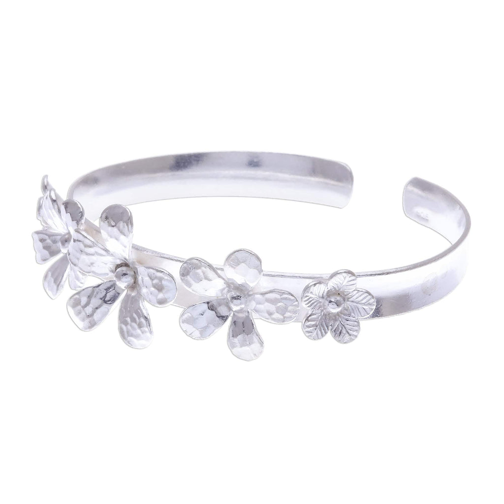 Hammered Sterling Silver Flower Cuff Bracelet - Blossom Row