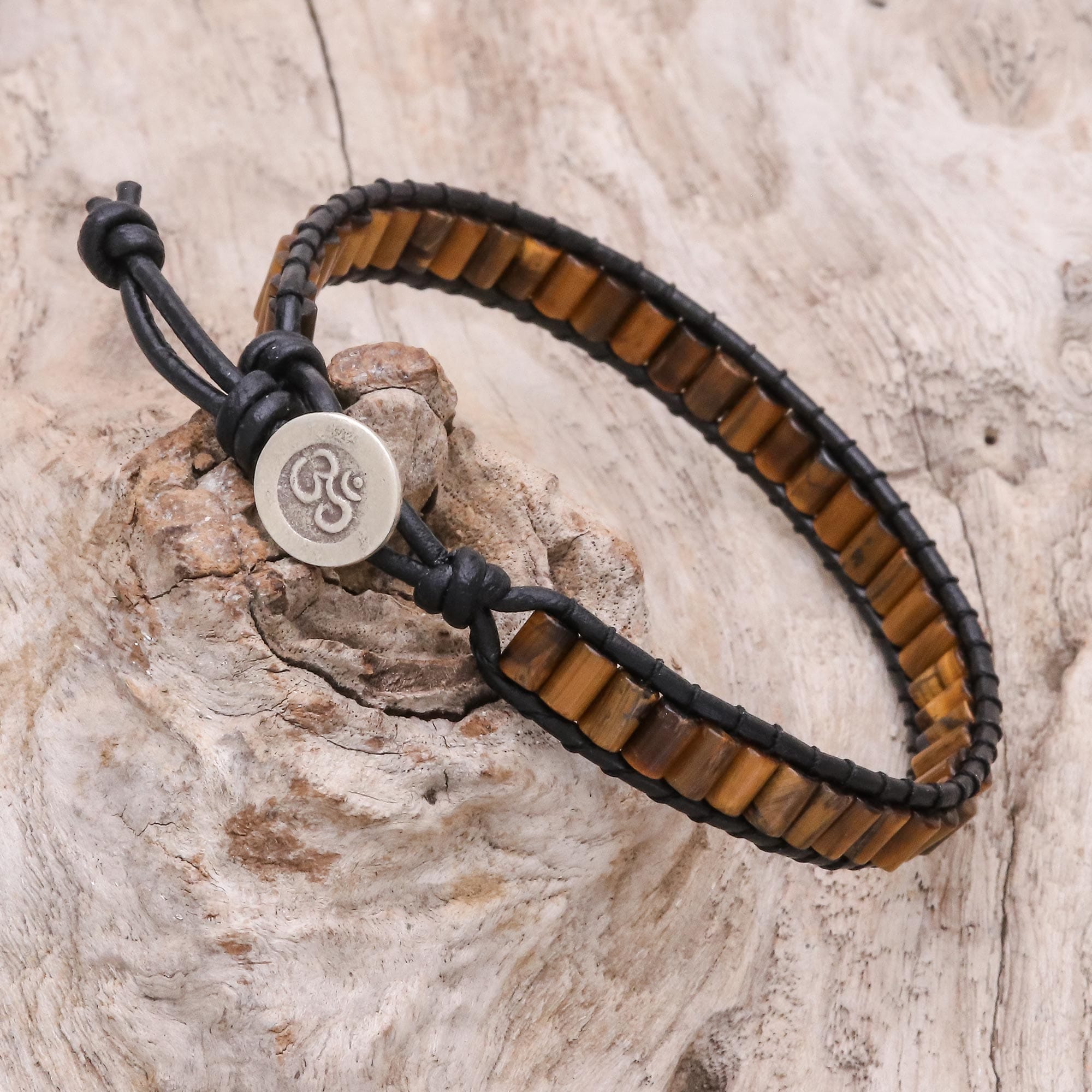 Tiger's Eye Beaded Wristband Bracelet with Leather - Channels