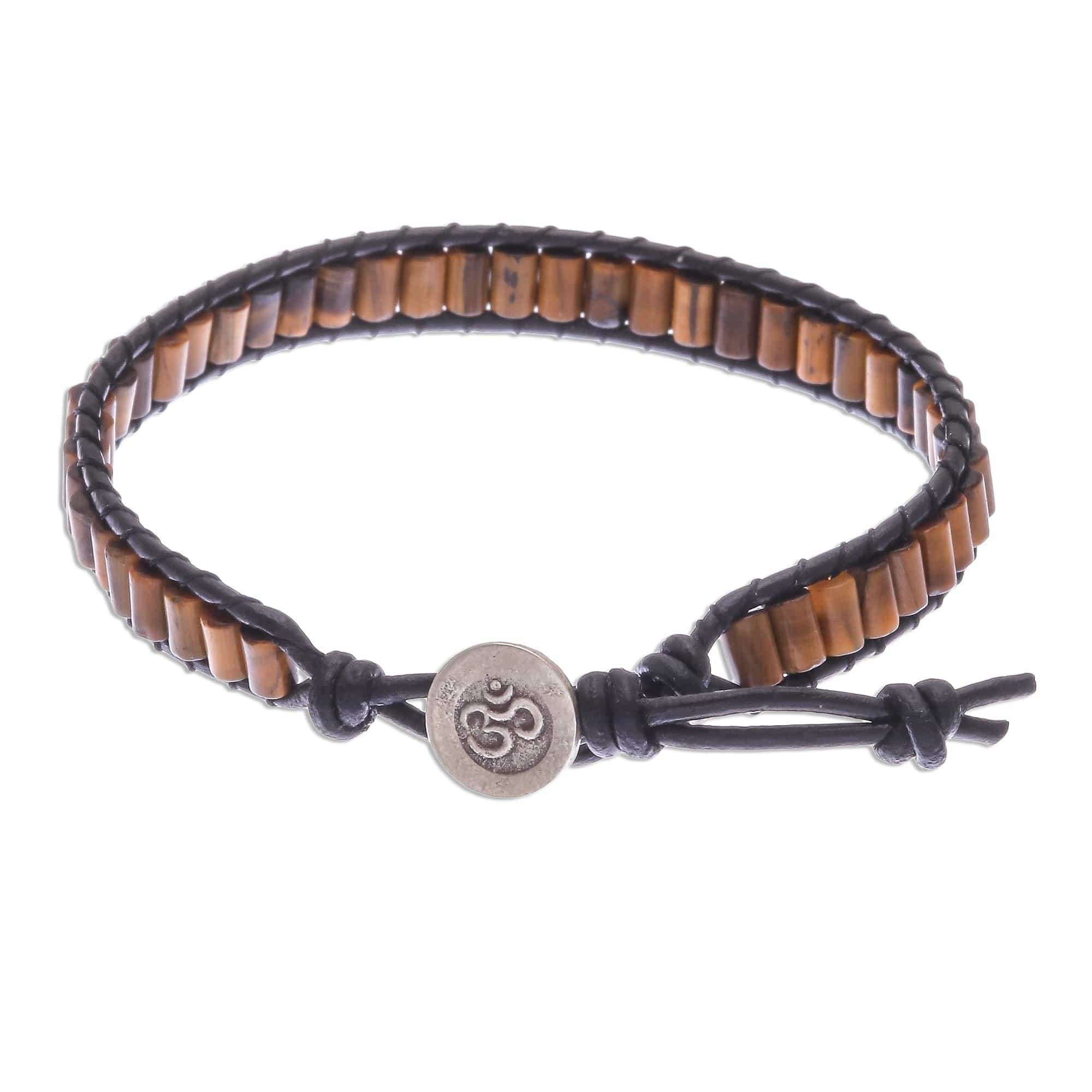 Tiger's Eye Beaded Wristband Bracelet with Leather - Channels