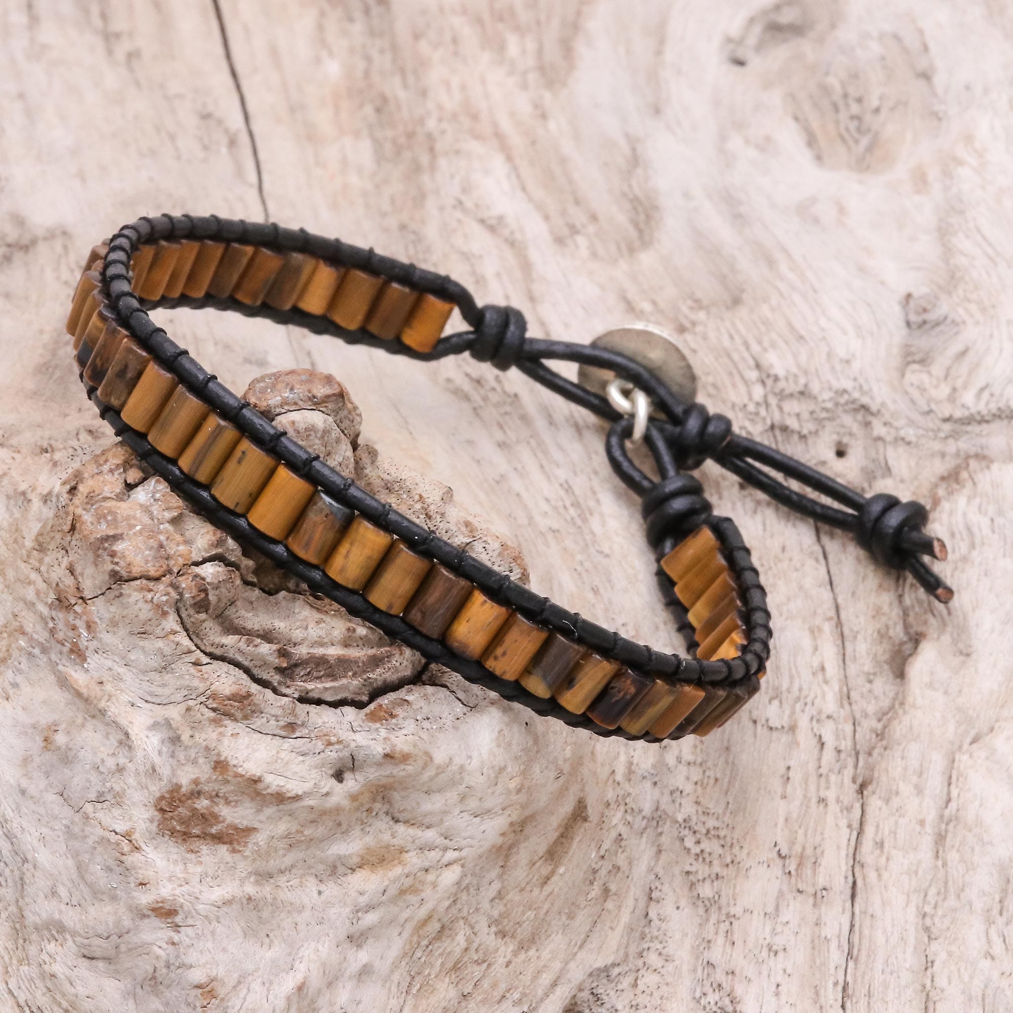 Tiger's Eye Beaded Wristband Bracelet with Leather - Channels