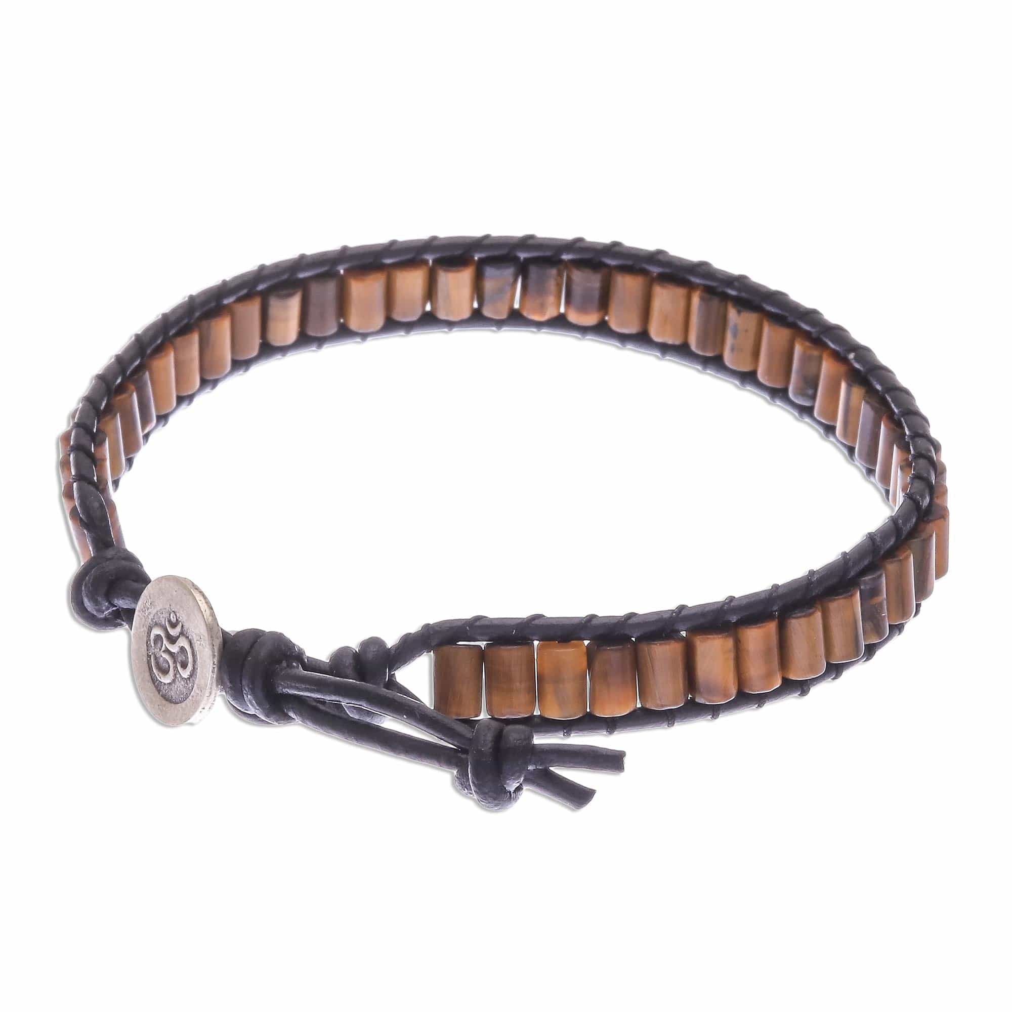 Tiger's Eye Beaded Wristband Bracelet with Leather - Channels