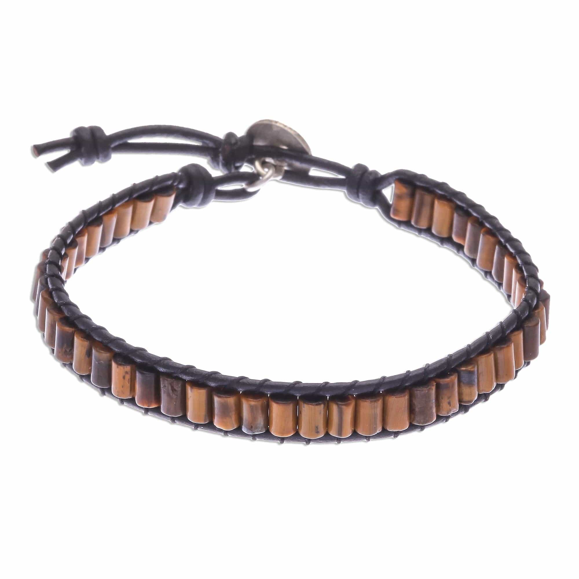 Tiger's Eye Beaded Wristband Bracelet with Leather - Channels
