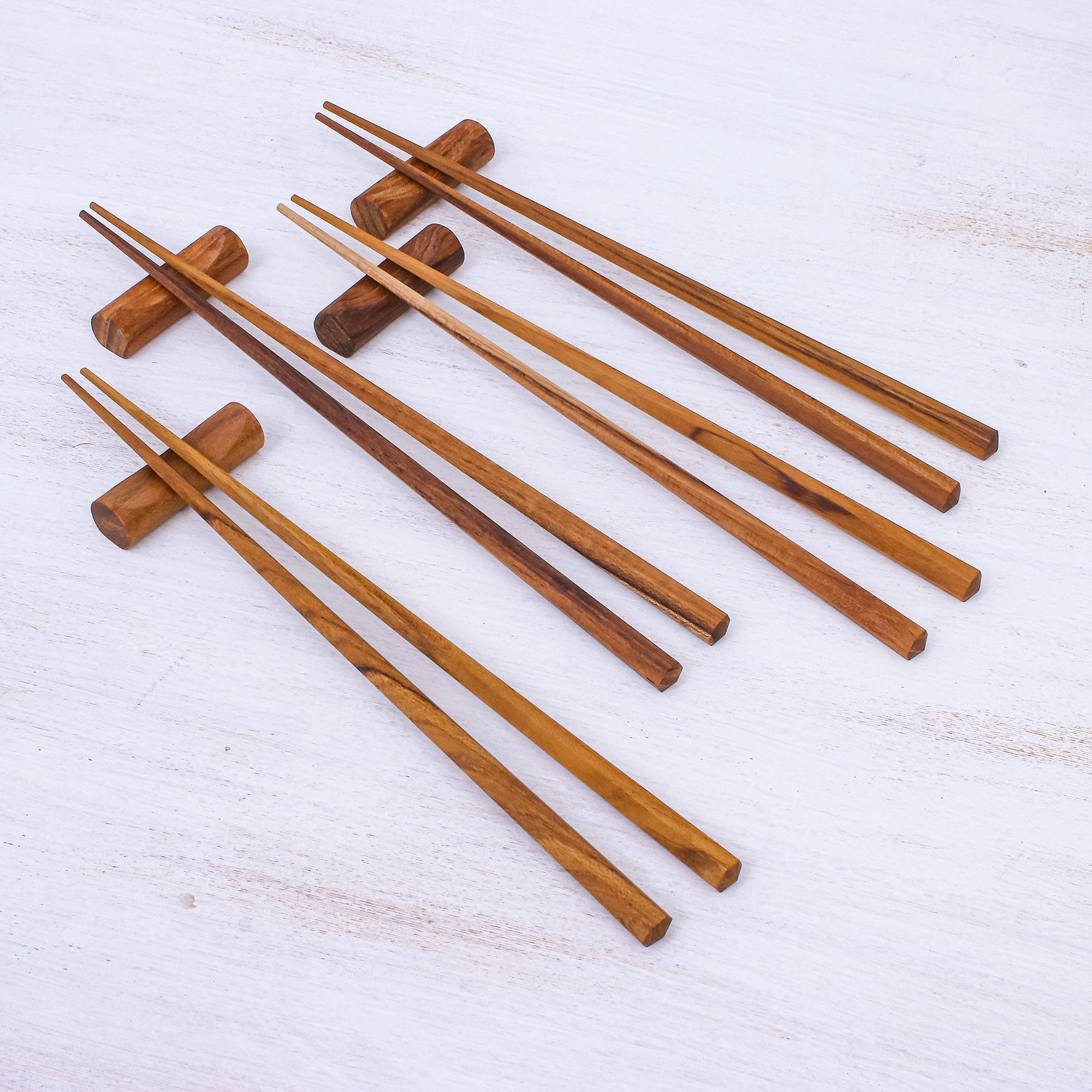 Hexagonal Teak Chopstick Set of 4 with Rests - Authentic Meal