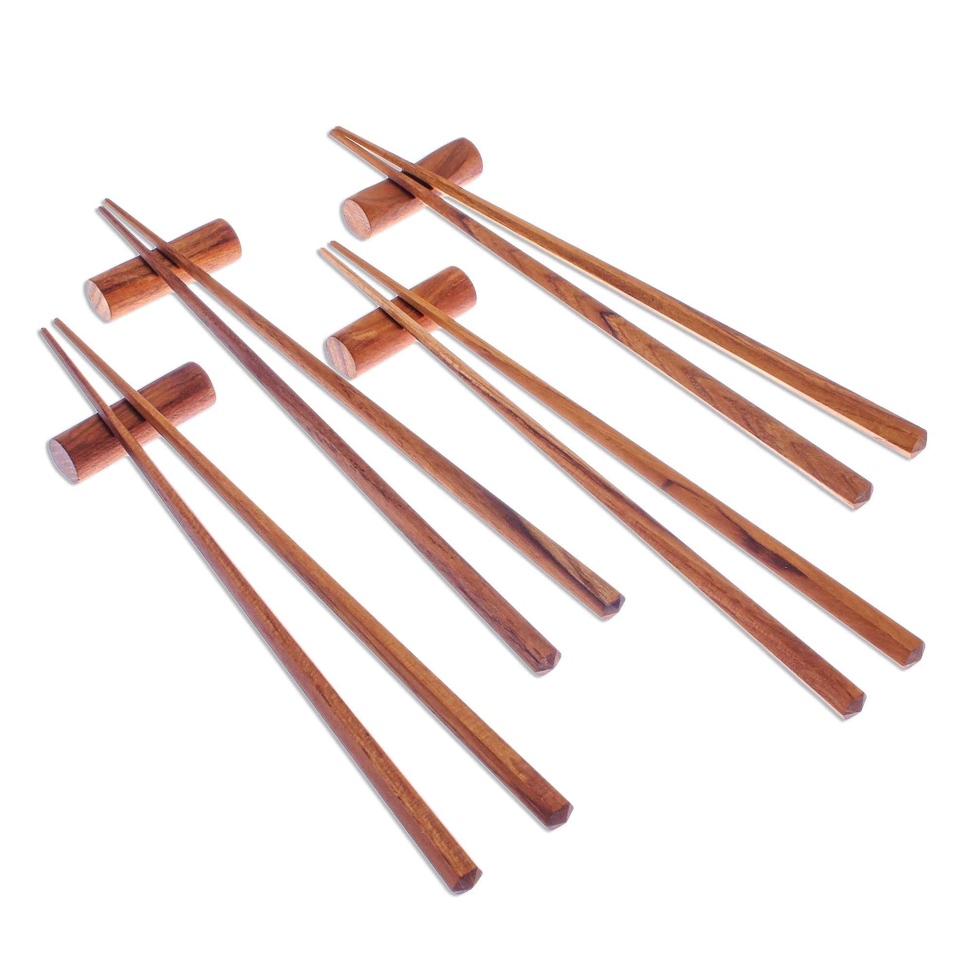 Hexagonal Teak Chopstick Set of 4 with Rests - Authentic Meal