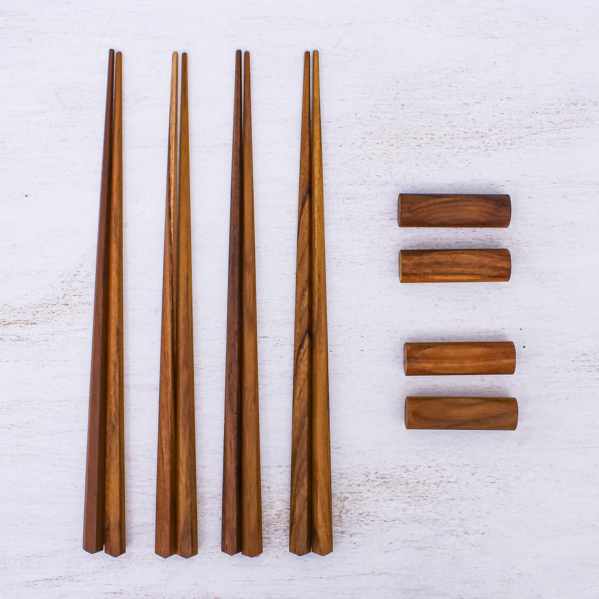 Hexagonal Teak Chopstick Set of 4 with Rests - Authentic Meal