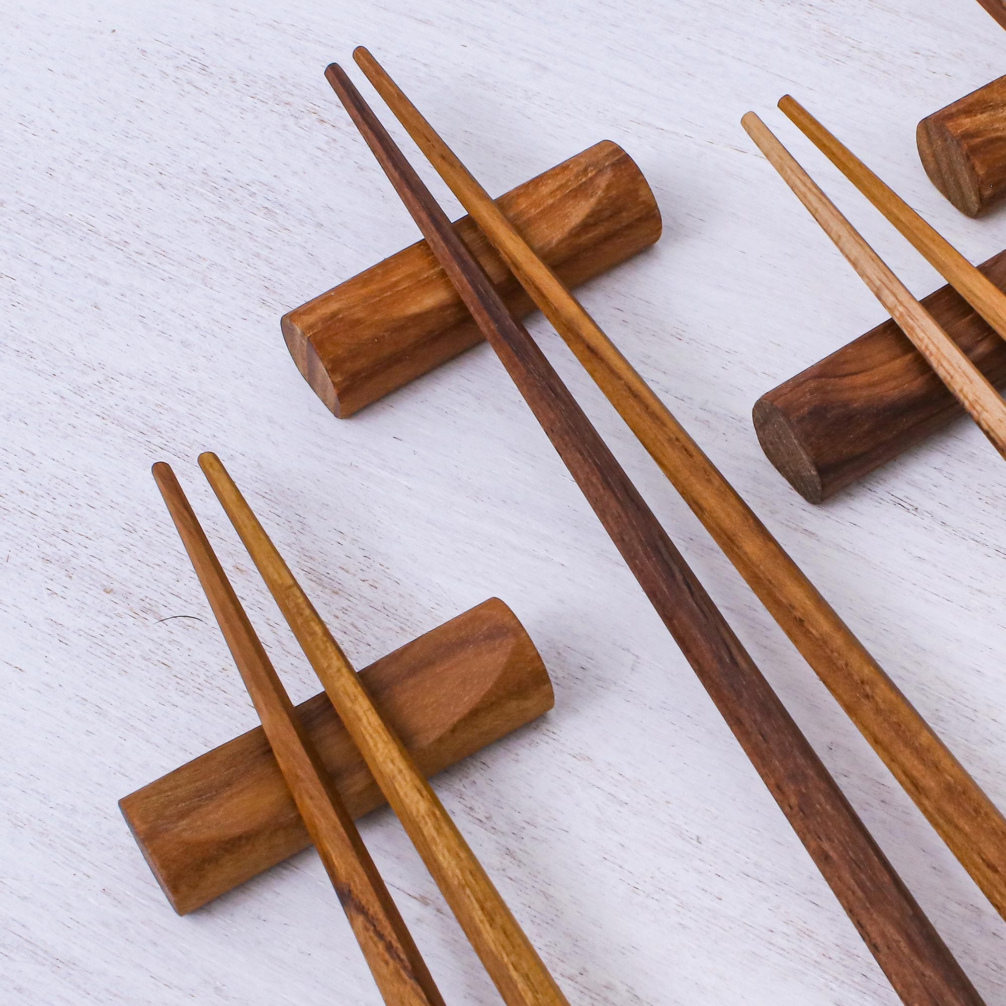 Hexagonal Teak Chopstick Set of 4 with Rests - Authentic Meal