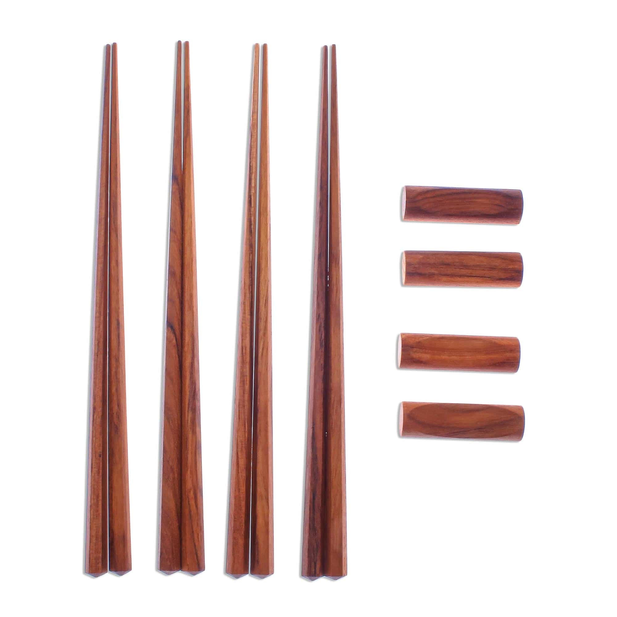 Hexagonal Teak Chopstick Set of 4 with Rests - Authentic Meal