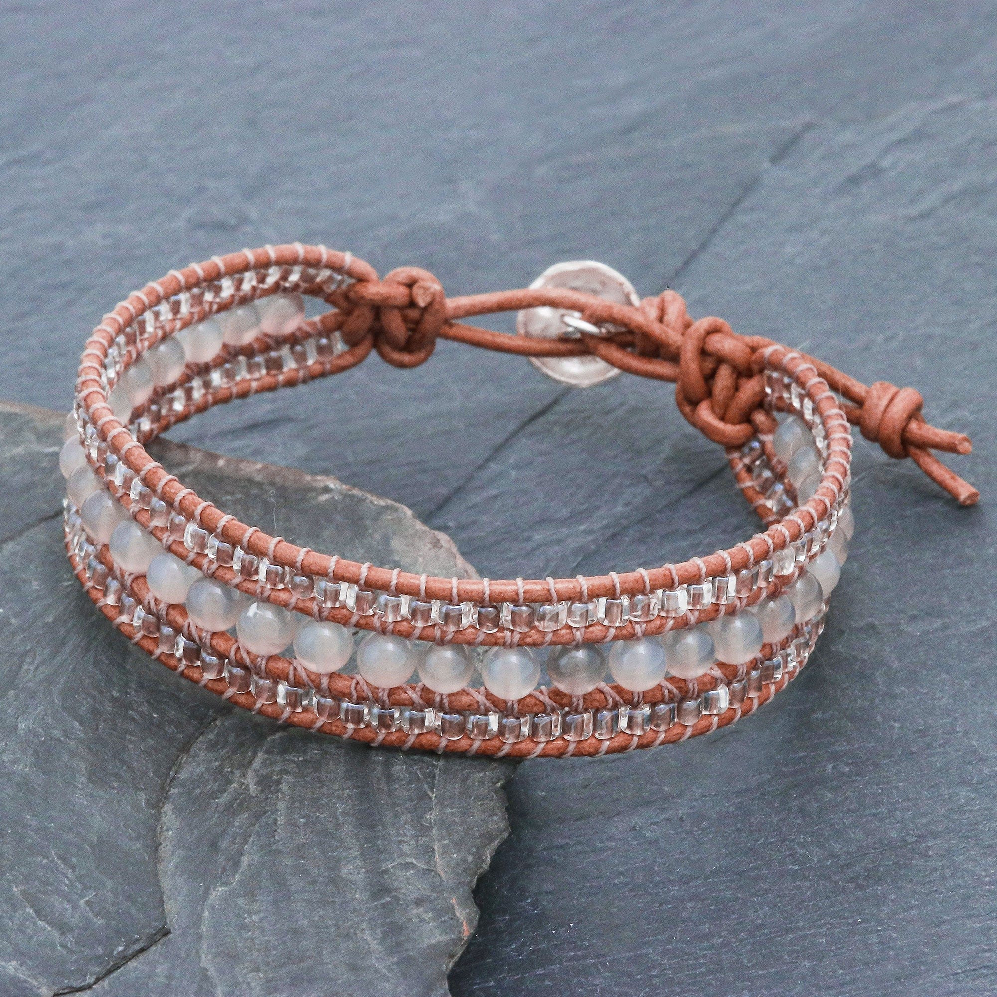 Chalcedony and Glass Bead Leather Bracelet - Sidetracked