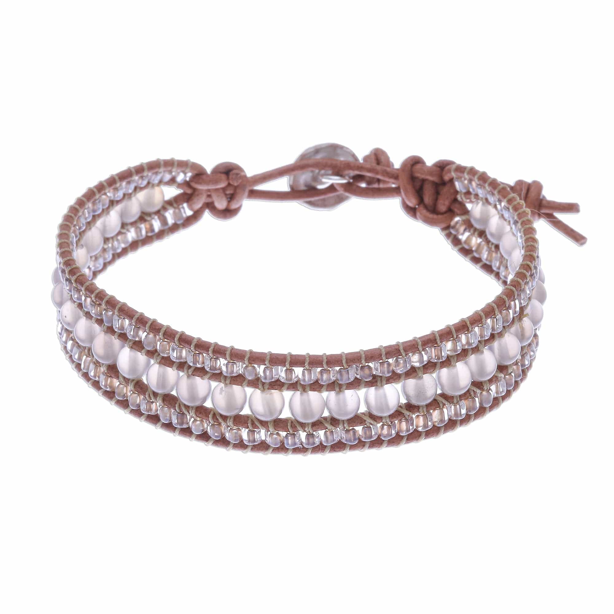 Chalcedony and Glass Bead Leather Bracelet - Sidetracked