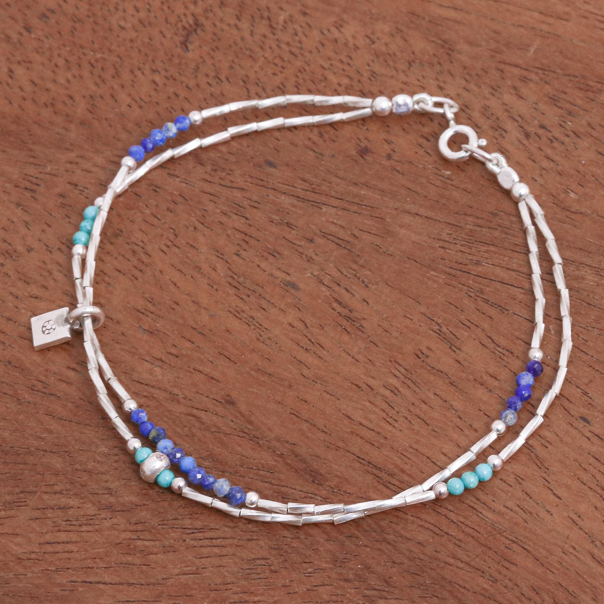 Lapis Lazuli and Karen Silver Charm Bracelet - Delicate Sea