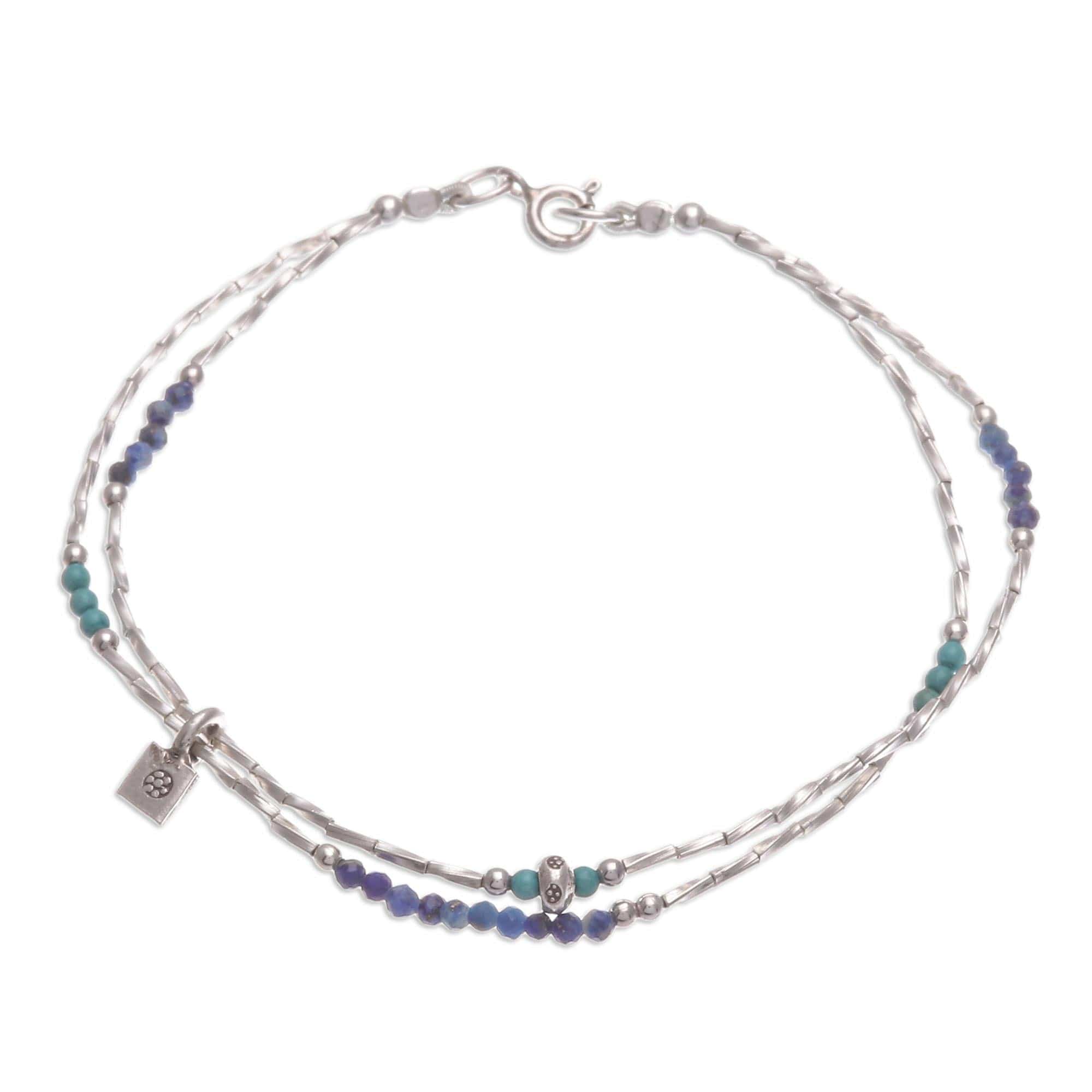 Lapis Lazuli and Karen Silver Charm Bracelet - Delicate Sea