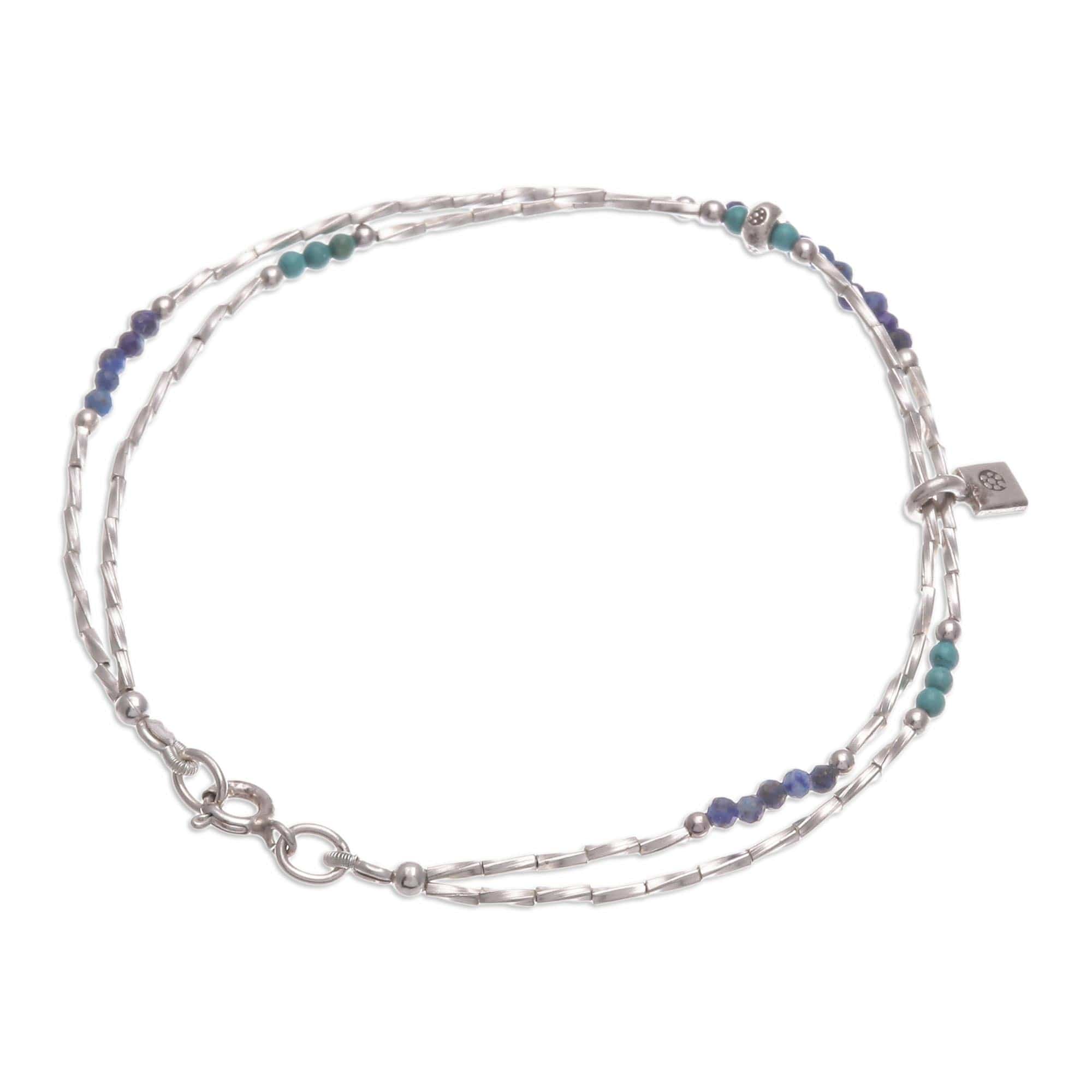 Lapis Lazuli and Karen Silver Charm Bracelet - Delicate Sea