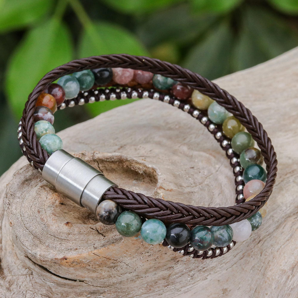 Unisex Agate and Leather Beaded Bracelet - Natural Hue