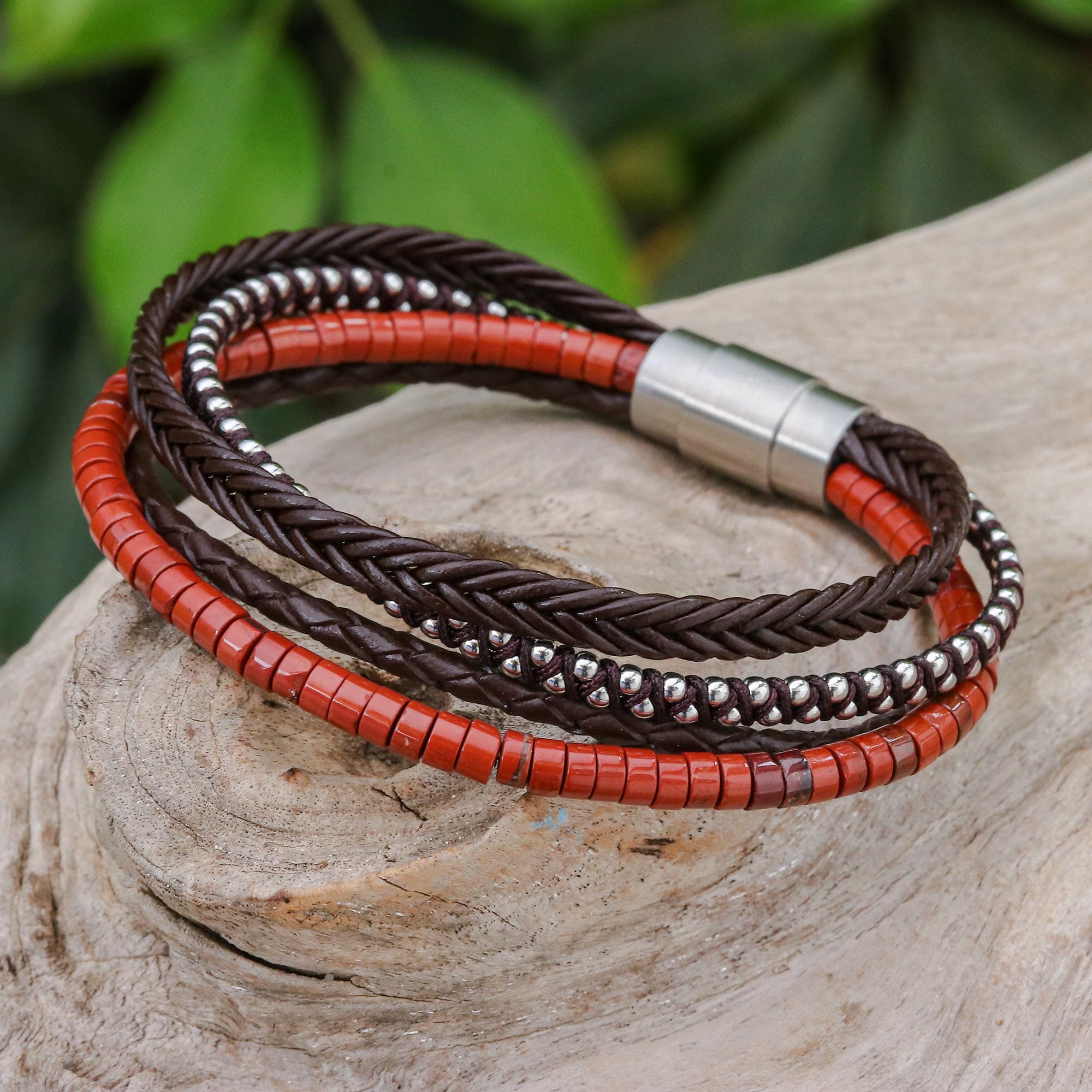 Thai Leather and Jasper Beaded Bracelet - Southern Holiday