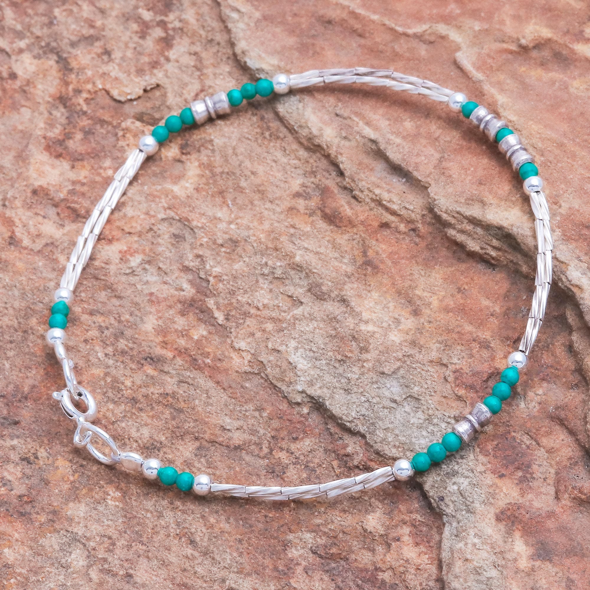 Hand Crafted Sterling Silver Beaded Bracelet - Spiral Jetty in Blue-Green