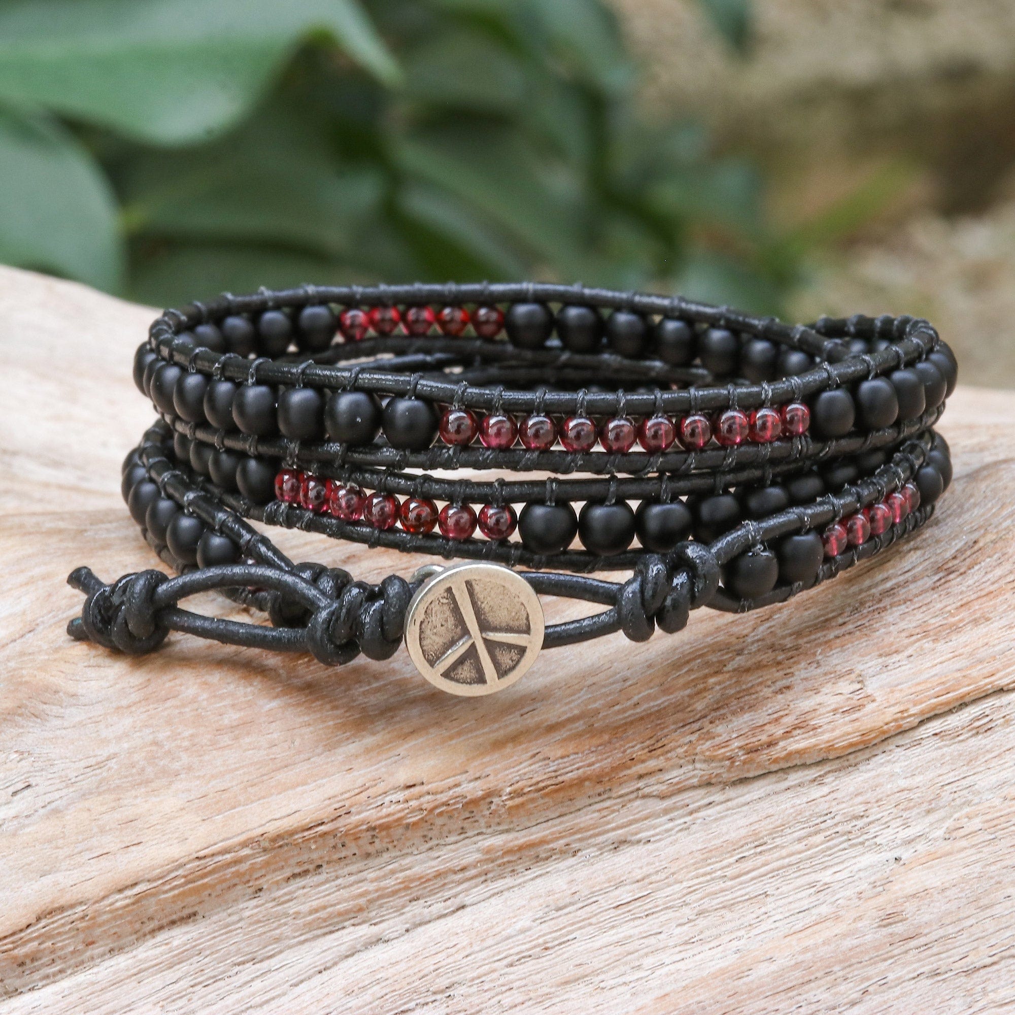 Black Leather Beaded Wrap Bracelet - Dark Lanna