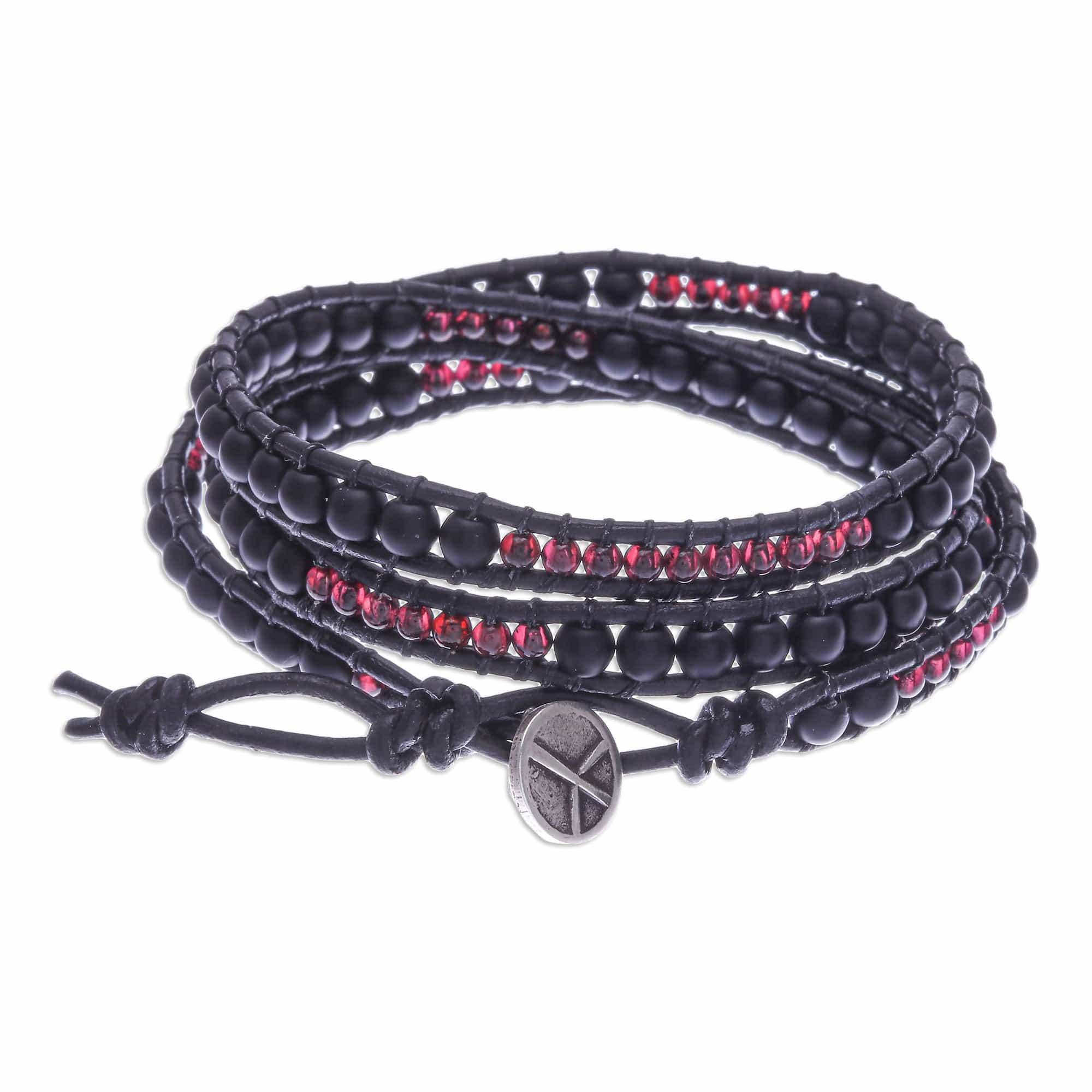 Black Leather Beaded Wrap Bracelet - Dark Lanna