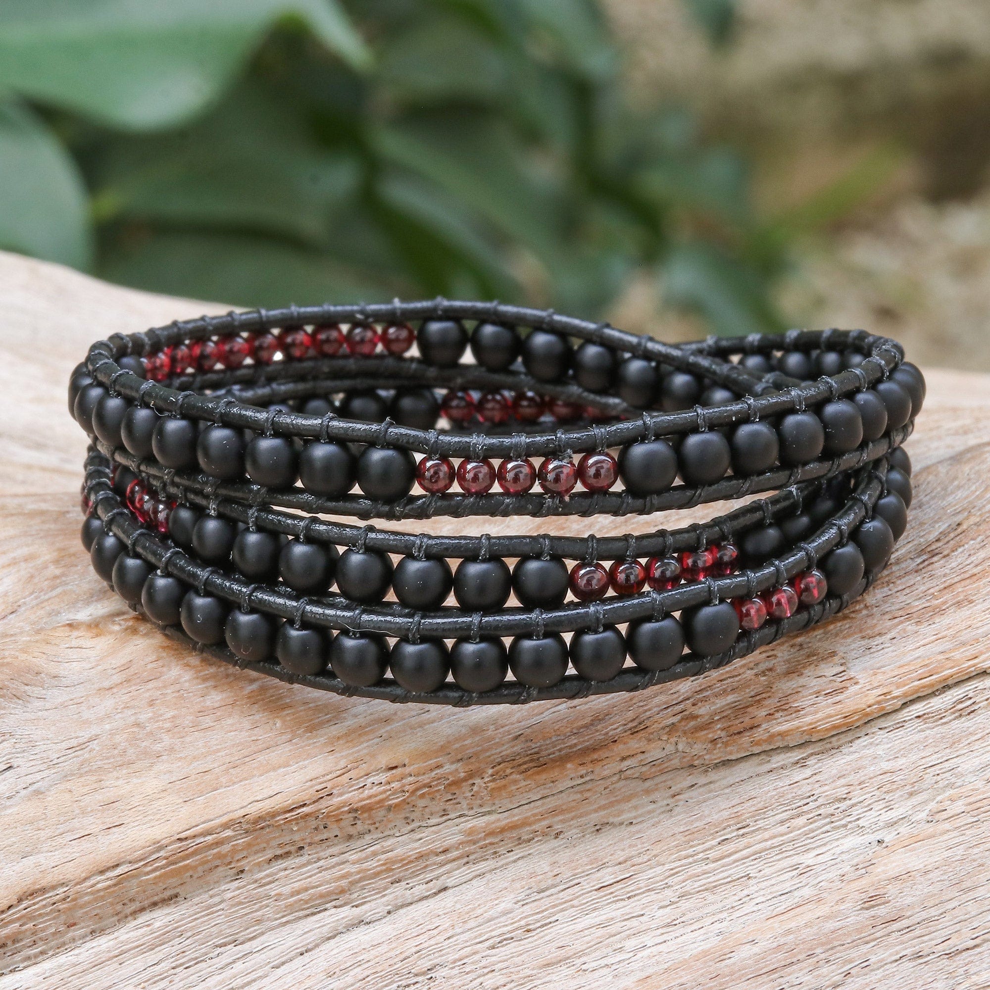 Black Leather Beaded Wrap Bracelet - Dark Lanna