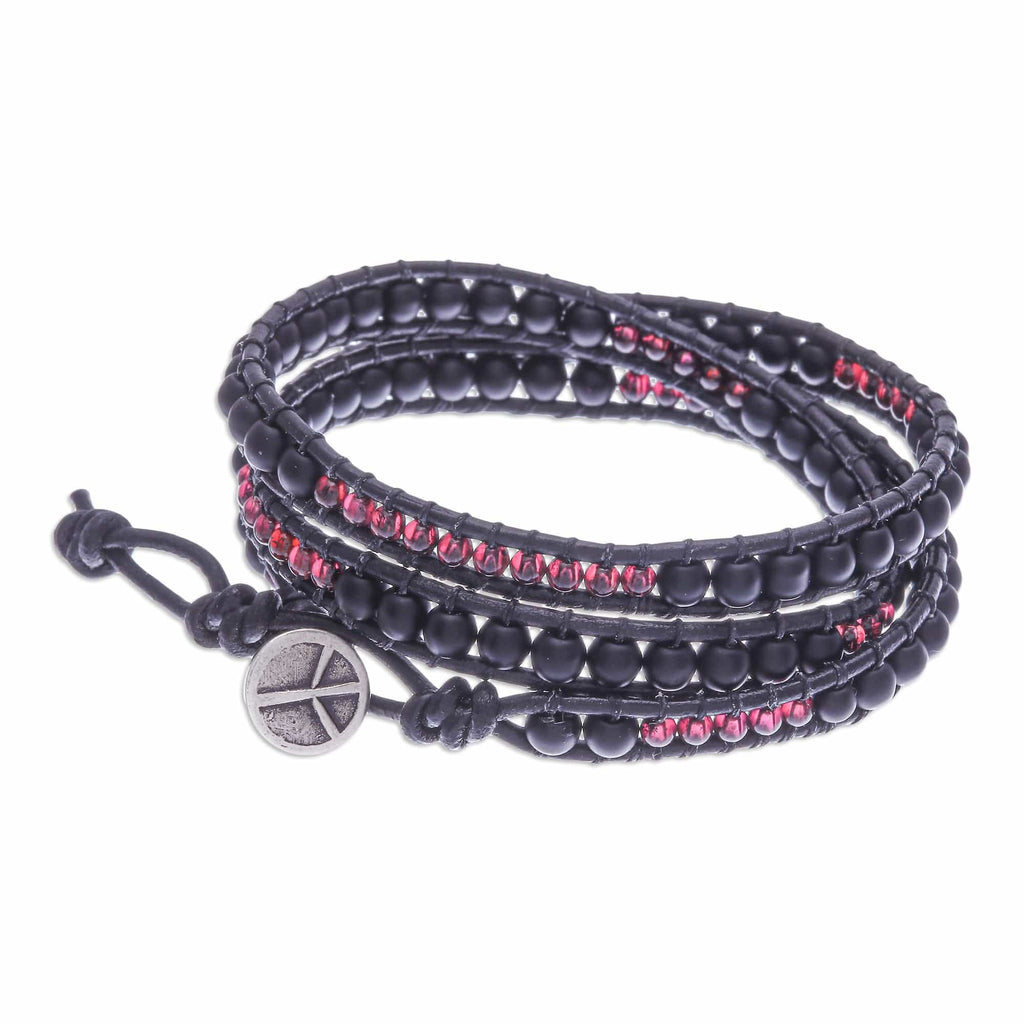 Black Leather Beaded Wrap Bracelet - Dark Lanna
