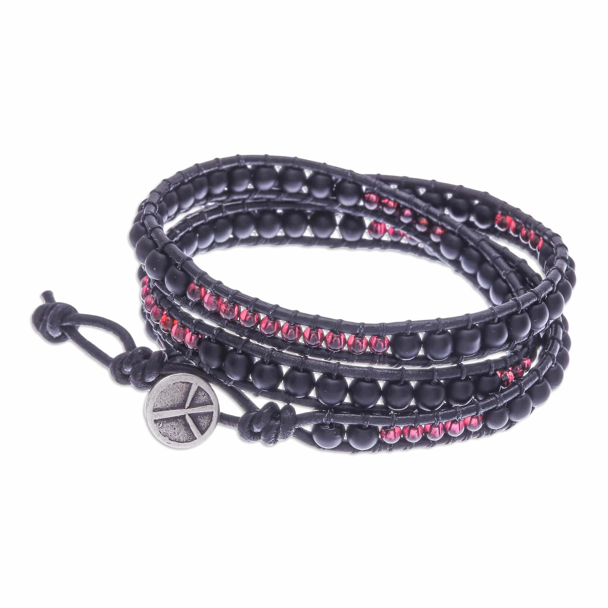 Black Leather Beaded Wrap Bracelet - Dark Lanna