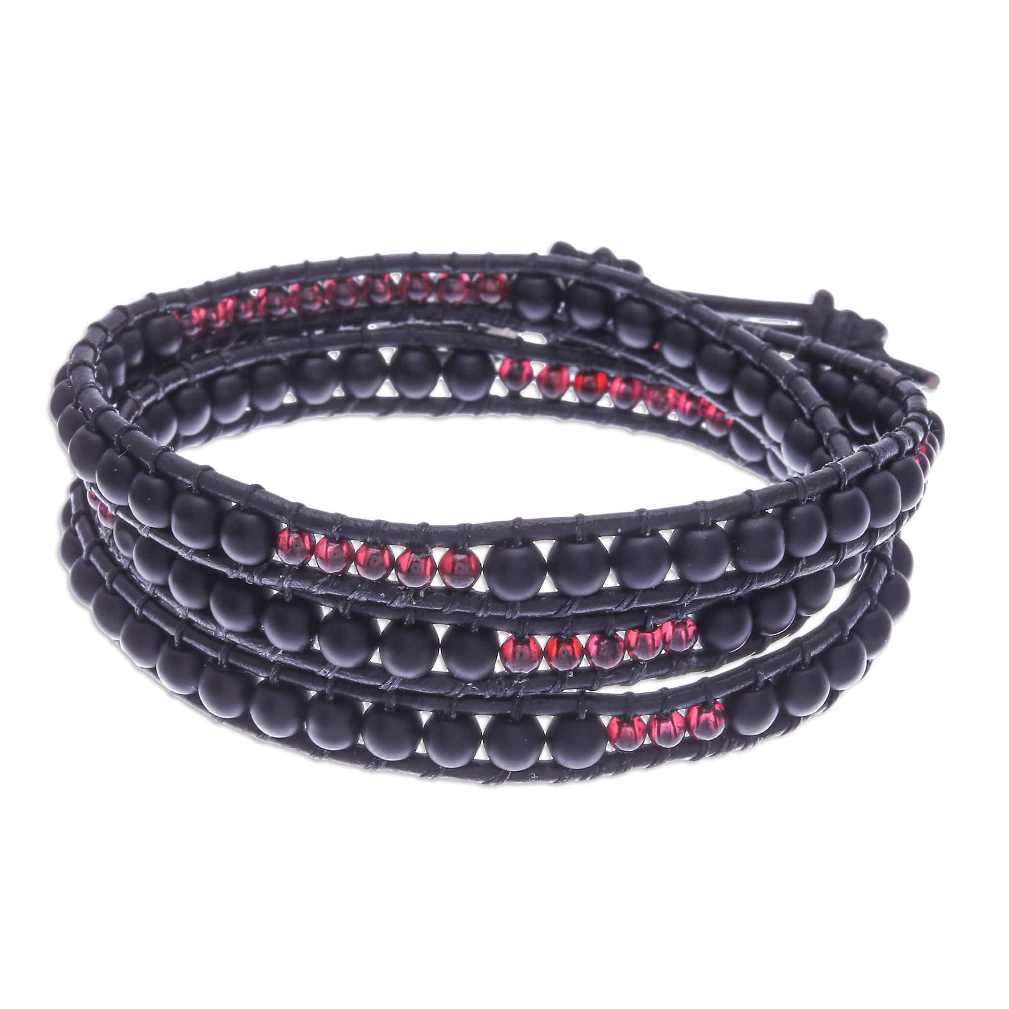 Black Leather Beaded Wrap Bracelet - Dark Lanna