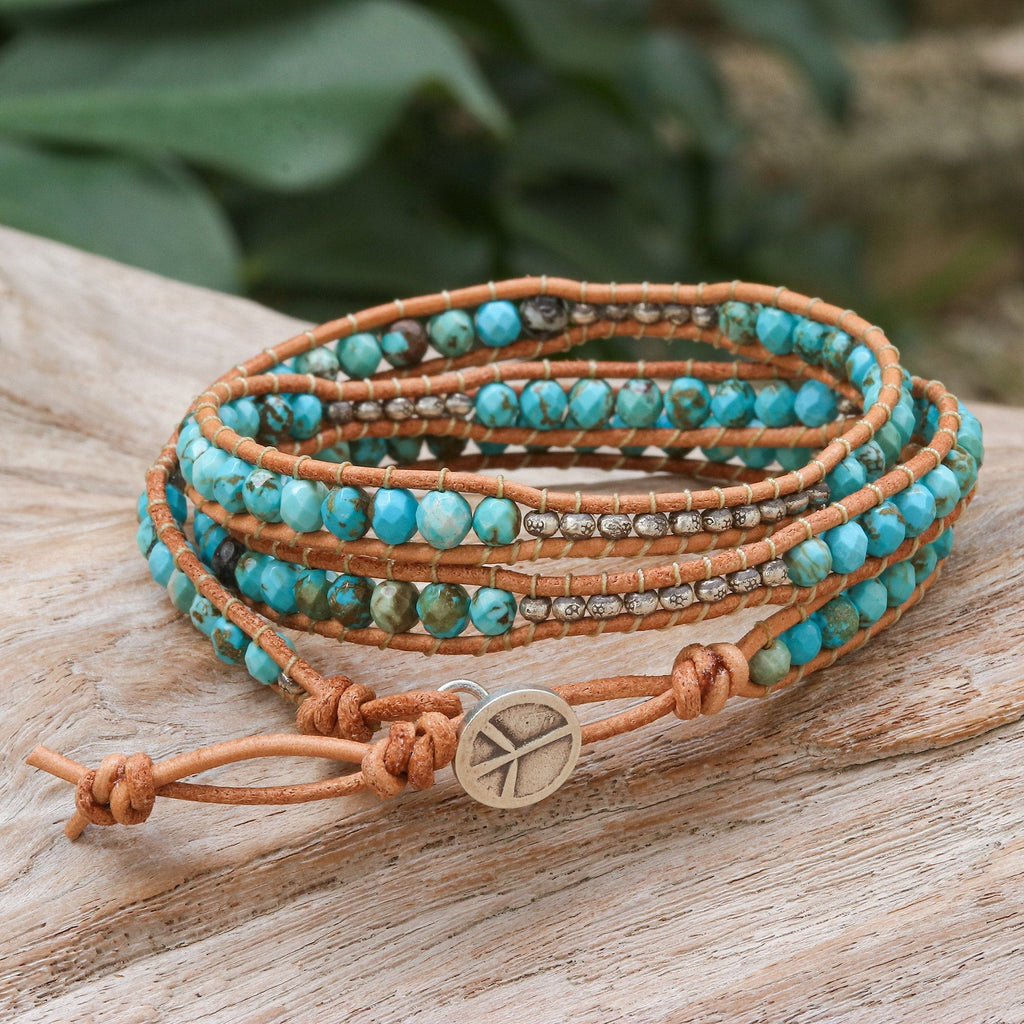 Silver and Leather Beaded Wrap Bracelet - Sukhothai Sky