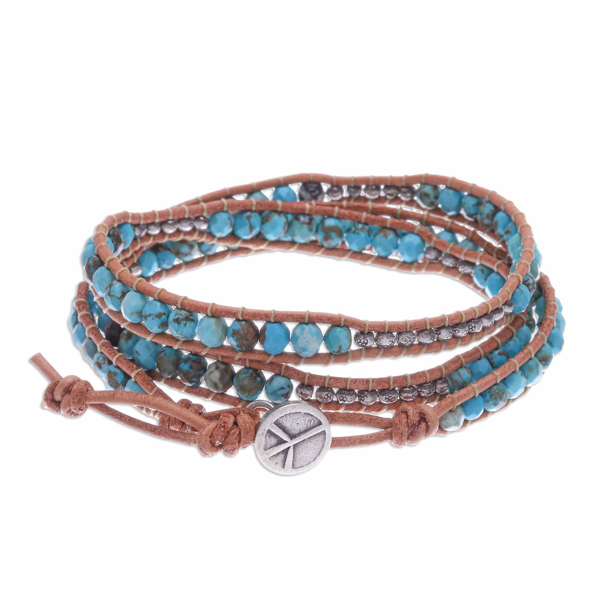 Silver and Leather Beaded Wrap Bracelet - Sukhothai Sky