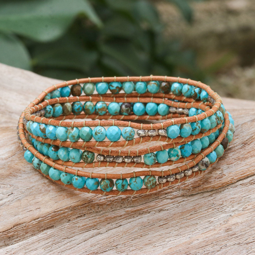 Silver and Leather Beaded Wrap Bracelet - Sukhothai Sky