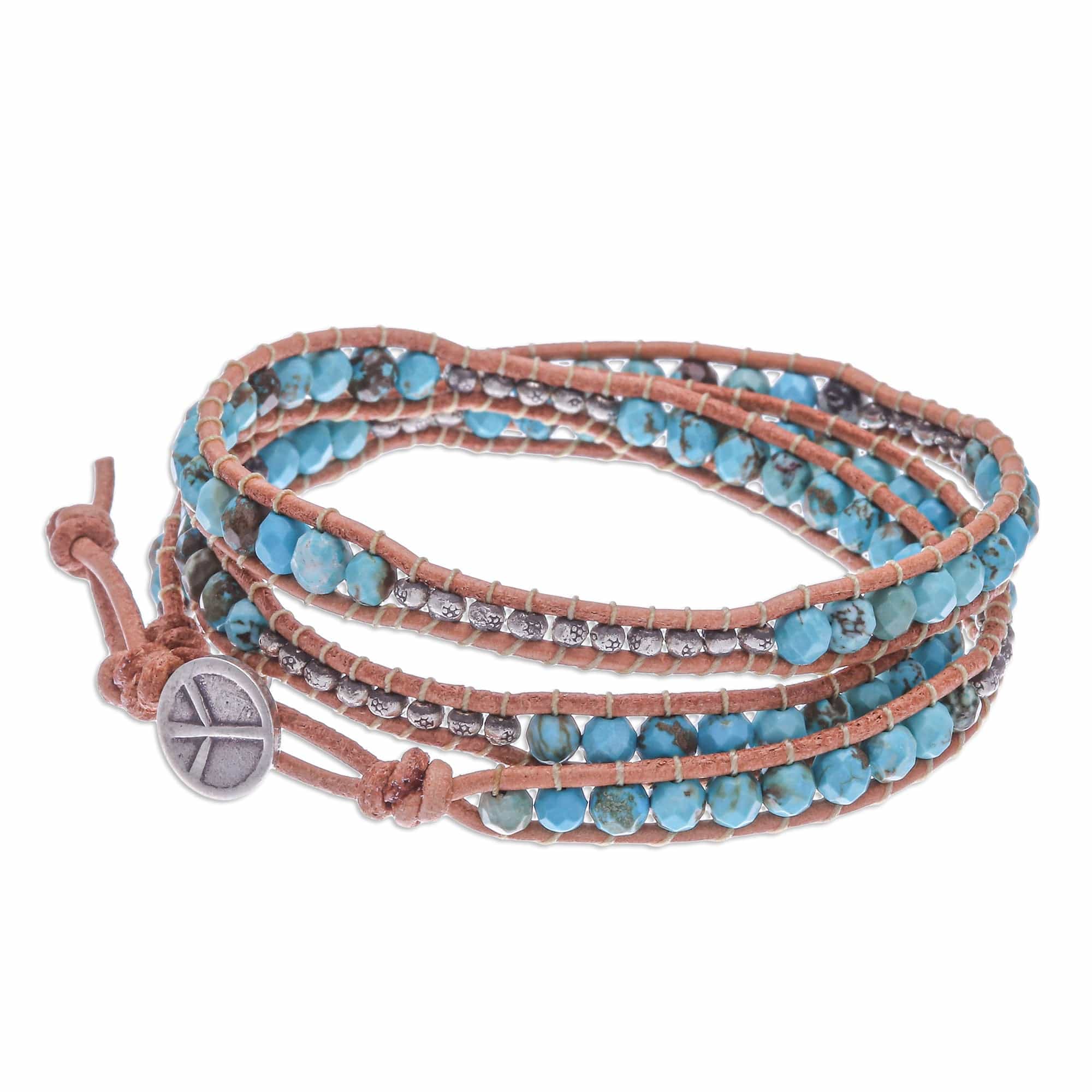 Silver and Leather Beaded Wrap Bracelet - Sukhothai Sky