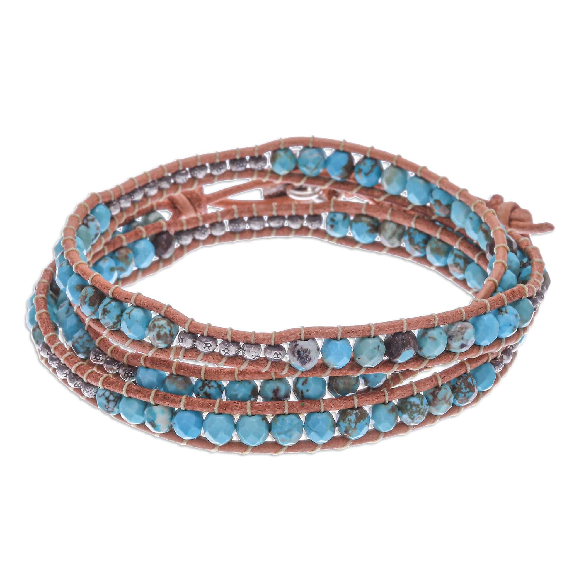 Silver and Leather Beaded Wrap Bracelet - Sukhothai Sky