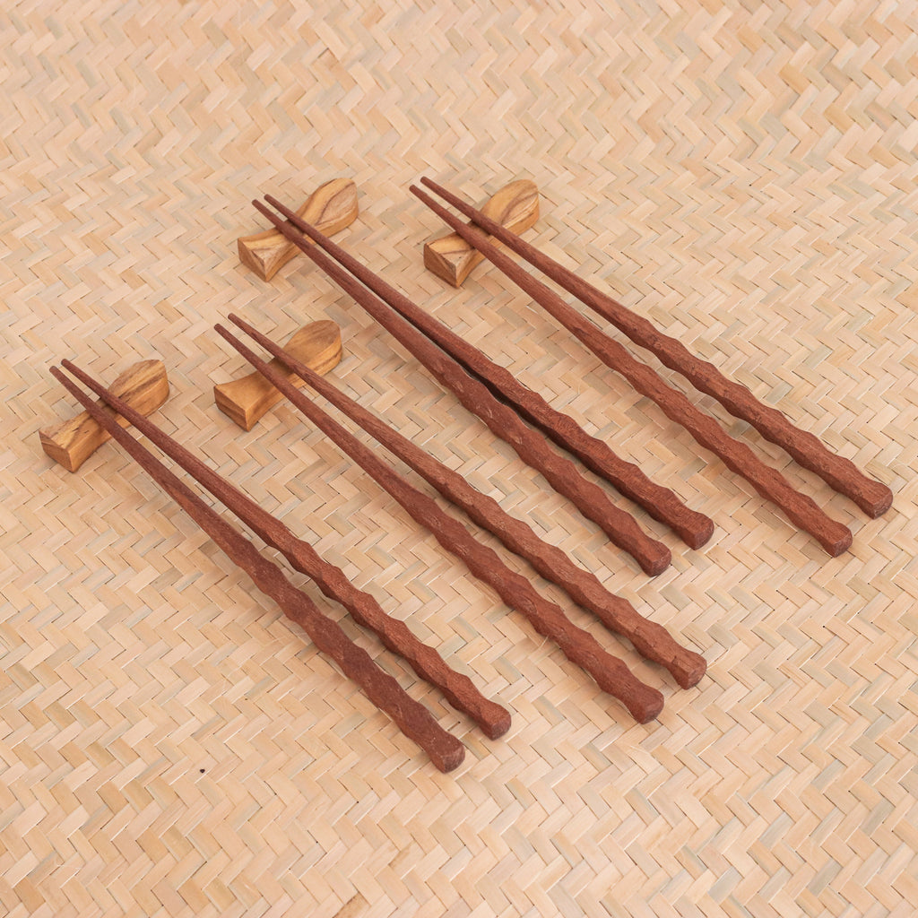 4 Pairs of Teak Wood Chopsticks with Rests from Thailand - Tasty Meal