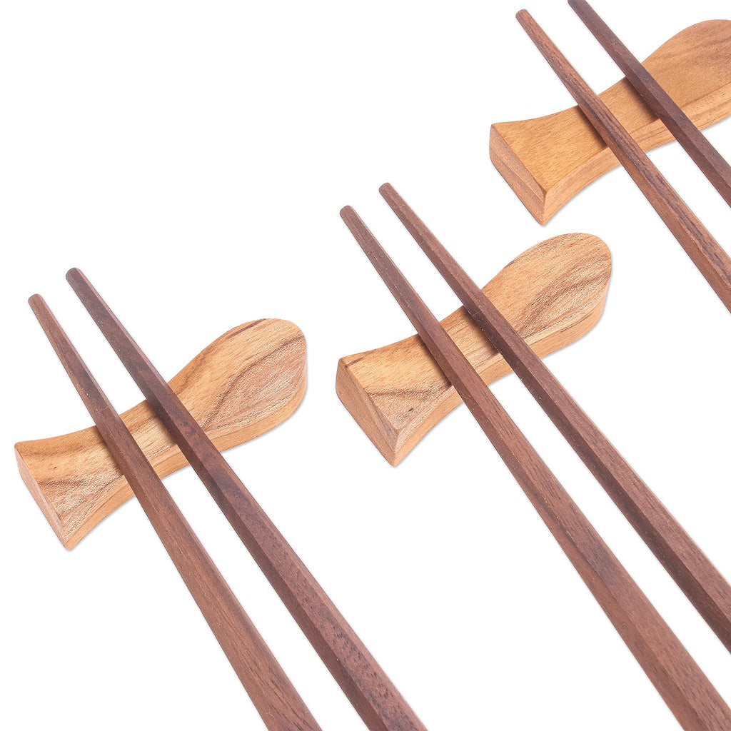 Set of 4 Teak Wood Chopsticks with Fish-Shaped Rests - Little Fish Dinner